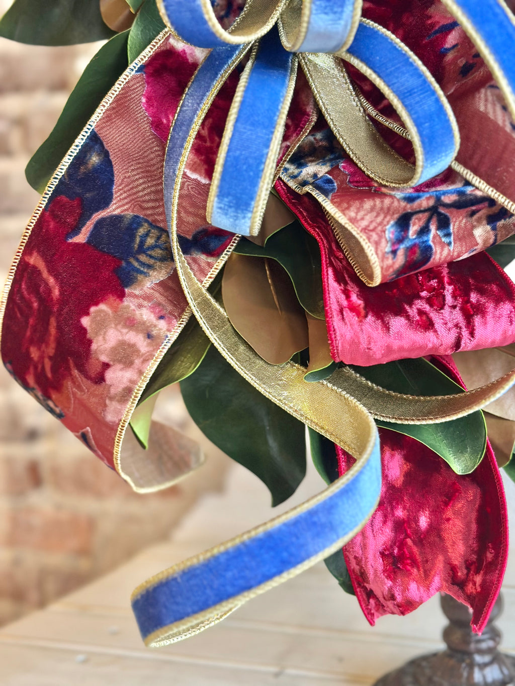 Dark Pink with a touch of Blue Velvet Floral Ribbon and Magnolia Wreath