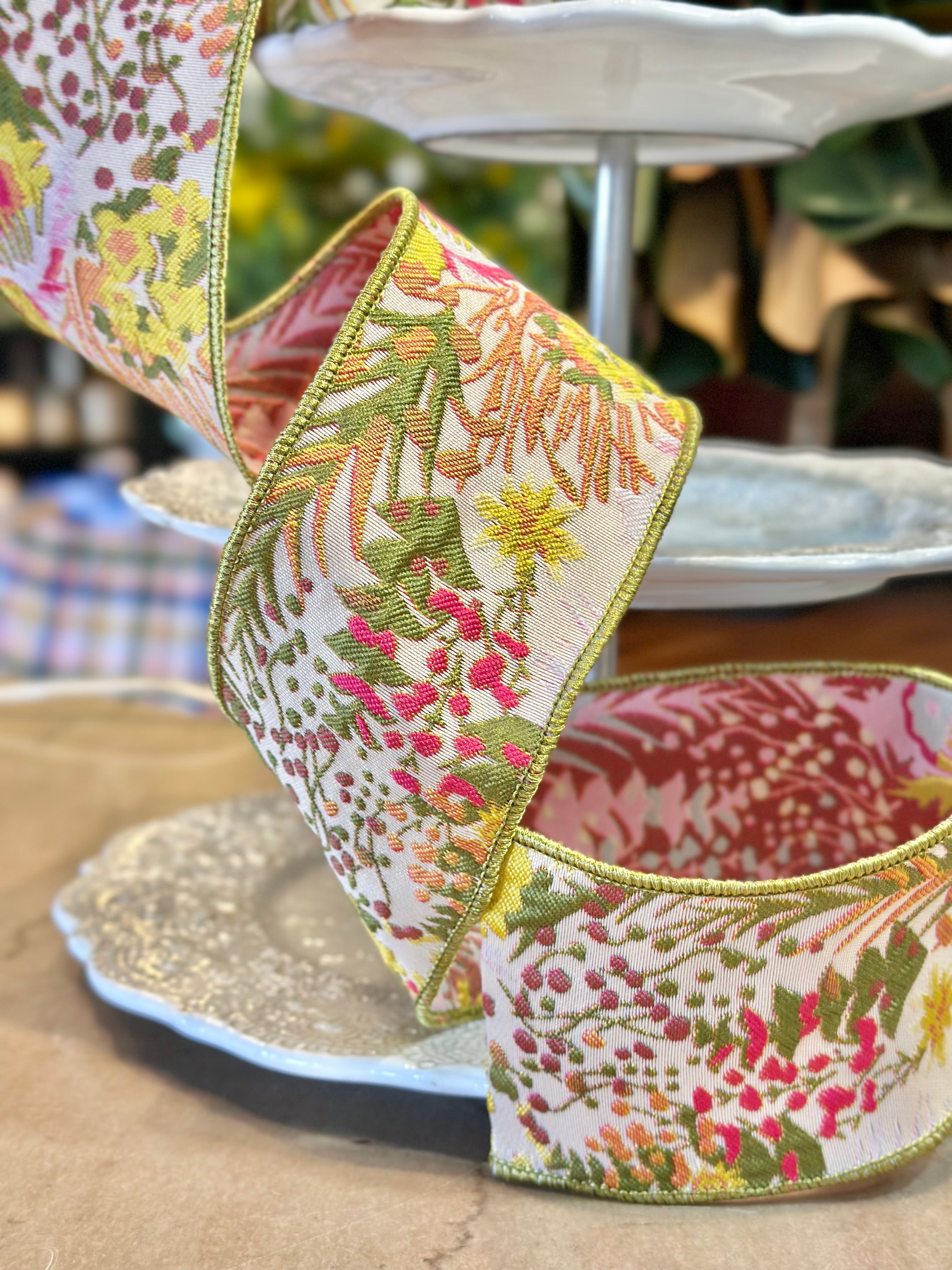 3" Wide, jacquard mix floral, green yellow pink