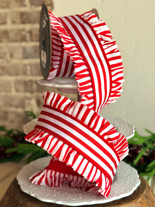 4.5" Red and White Candy Wrap Ruffle - BY THE ROLL
