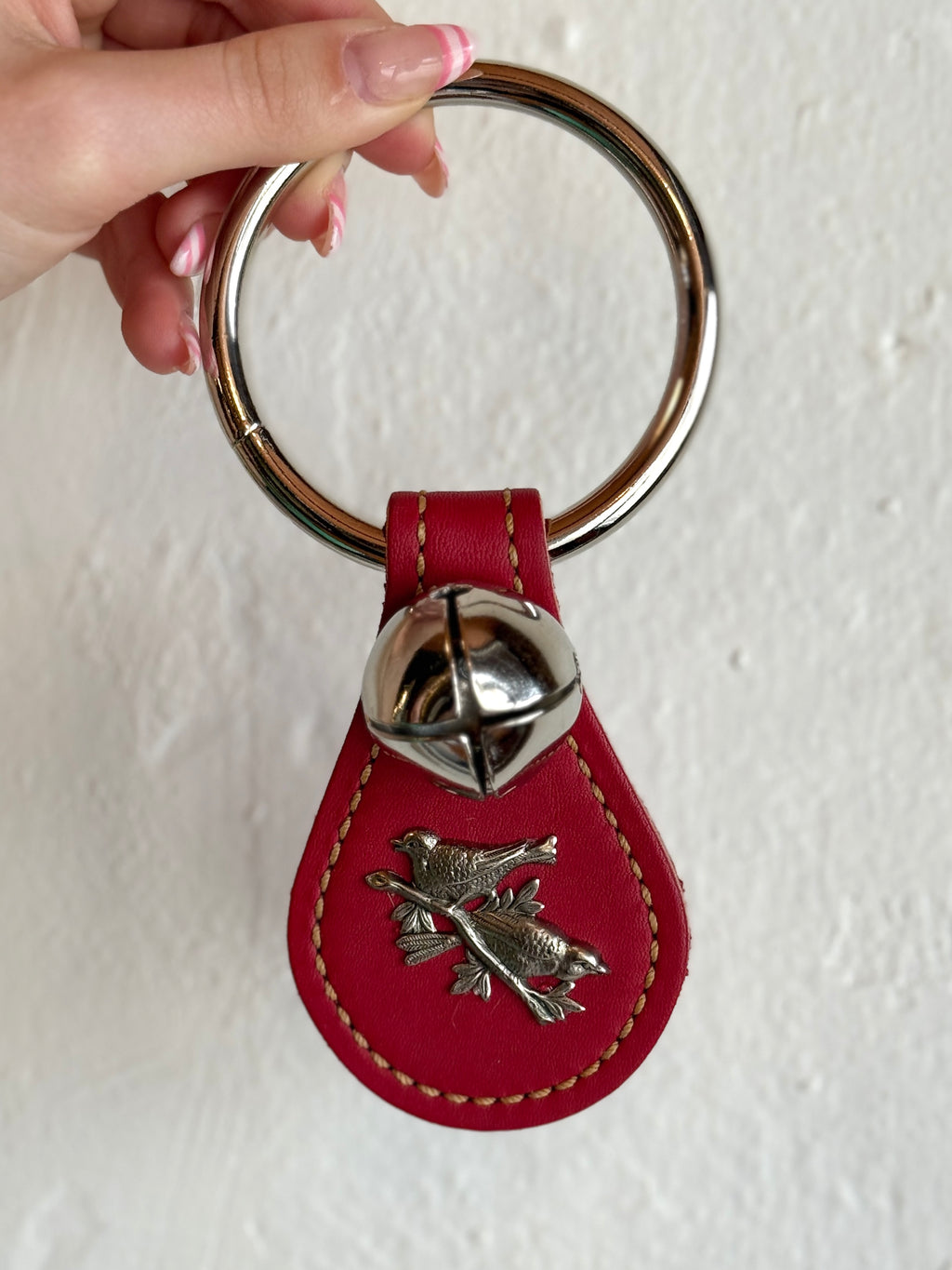 Belsnickel - Single Nickel-Plated “Tear Drop” Bell w/ Birds on a Branch, Red Leather on Ring