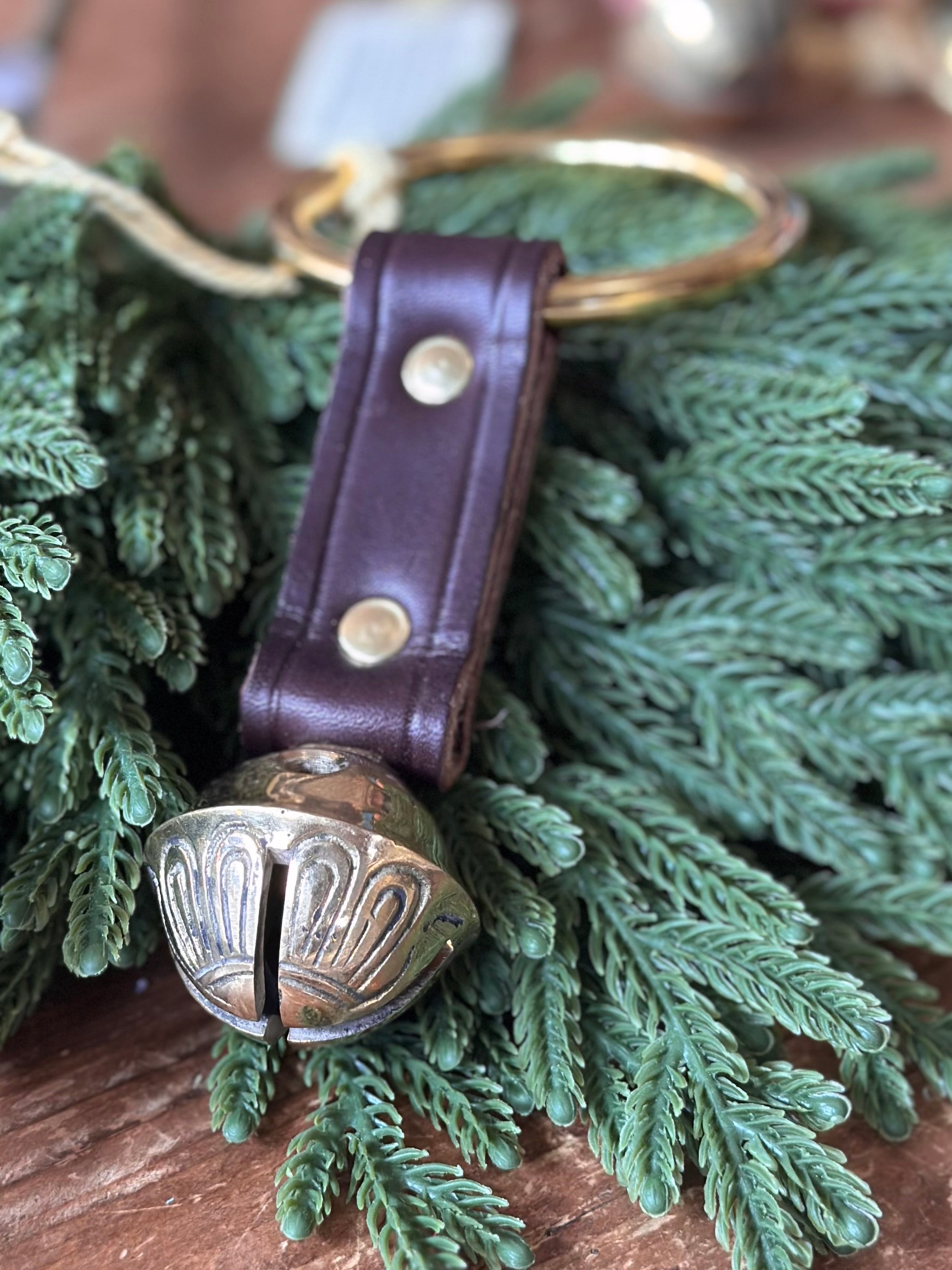 Brass Bell on Leather Strap with Ring- Dark Brown Leather