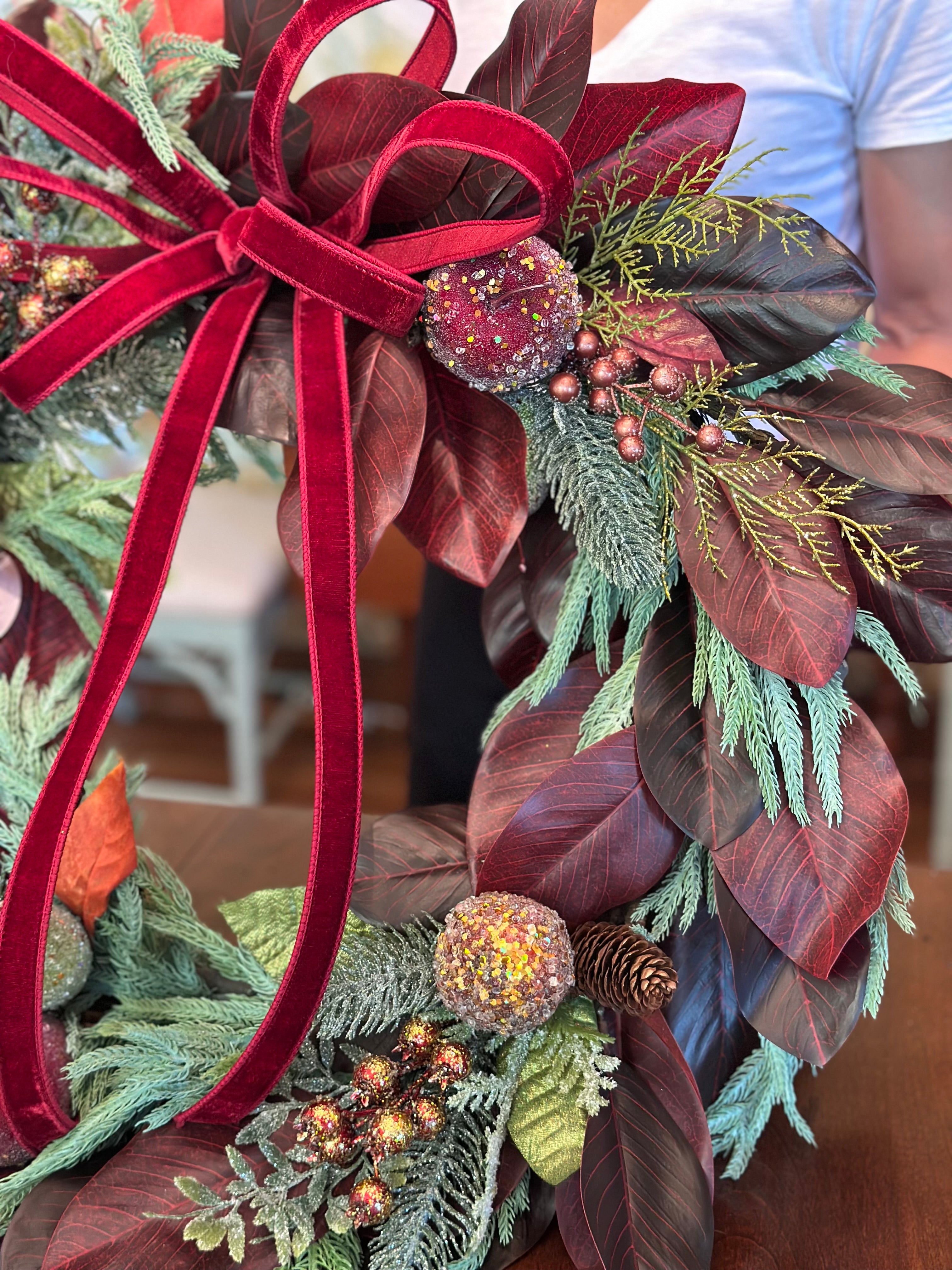 Burgundy Magnolia Norfolk Pine Wreath