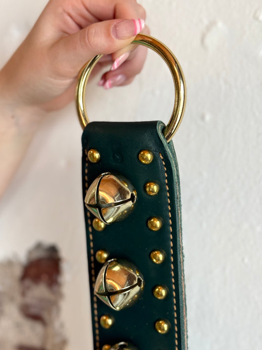Belsnickel - 12” Studded Doorchime w/ Brass-Plated Bells, Dark Green Leather