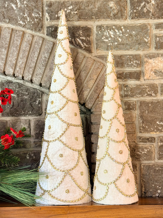 JEWELED SCALLOPED VELVET CONE TREE- IVORY