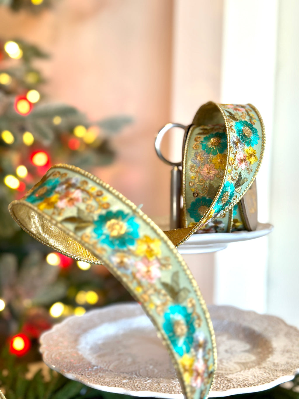 1.5" wide, metallic dupion blue pink yellow embroidery flowers, dusty blue