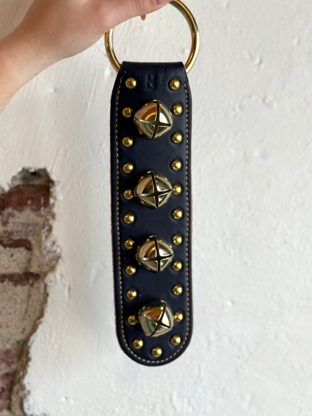 Belsnickel - 12” Studded Doorchime w/ Brass-Plated Bells, Navy Leather