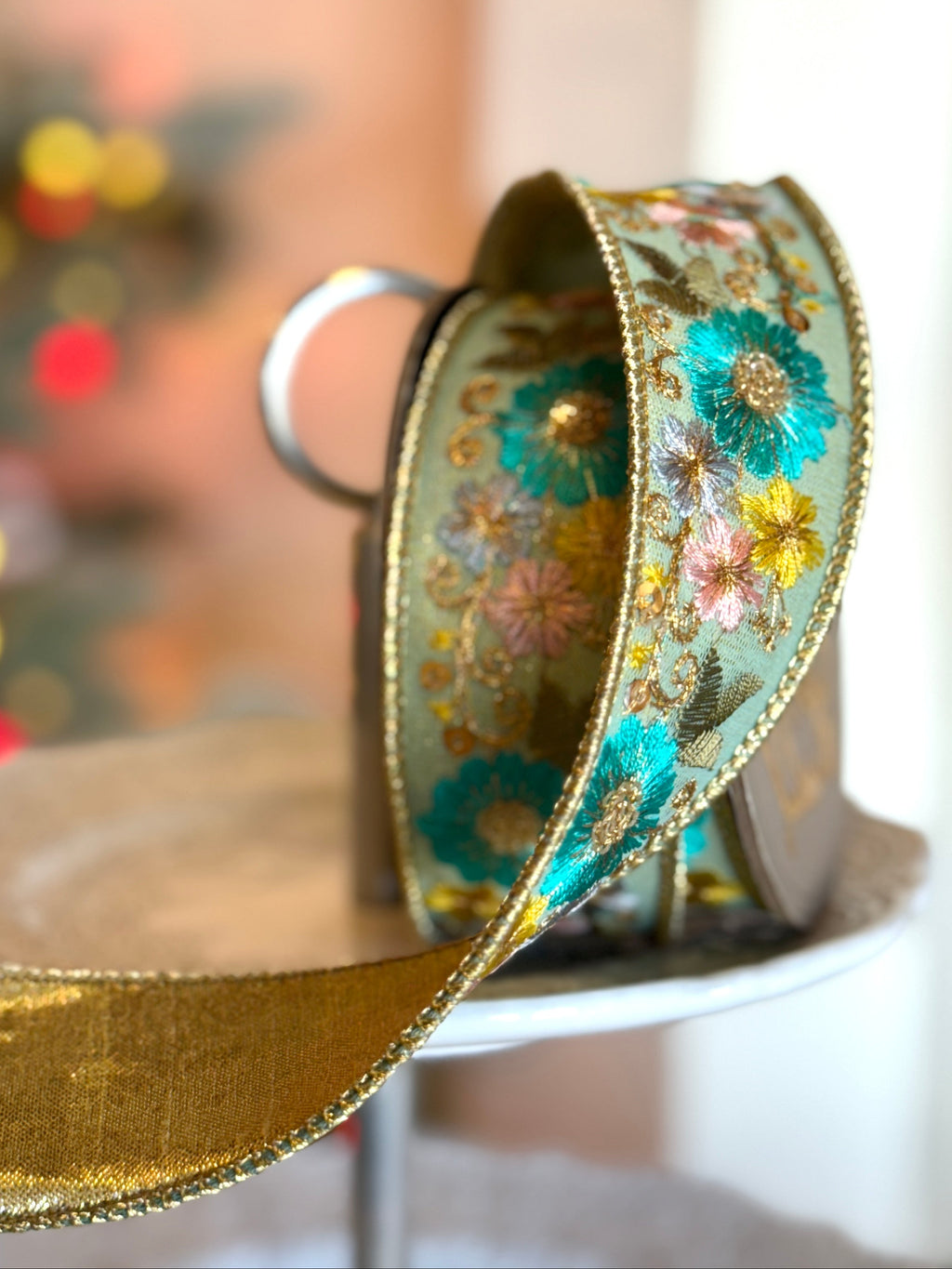 1.5" wide, metallic dupion blue pink yellow embroidery flowers, dusty blue