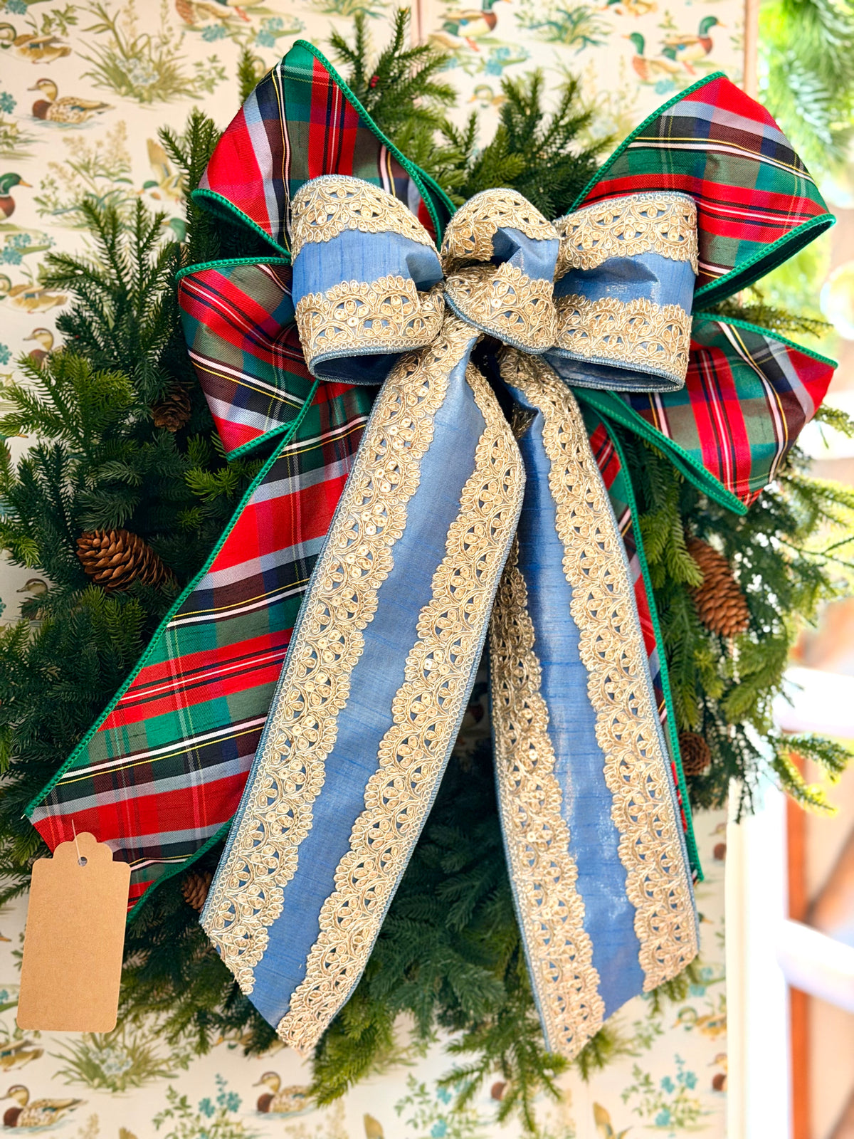 Plaid & Gold Lace Winter Bow