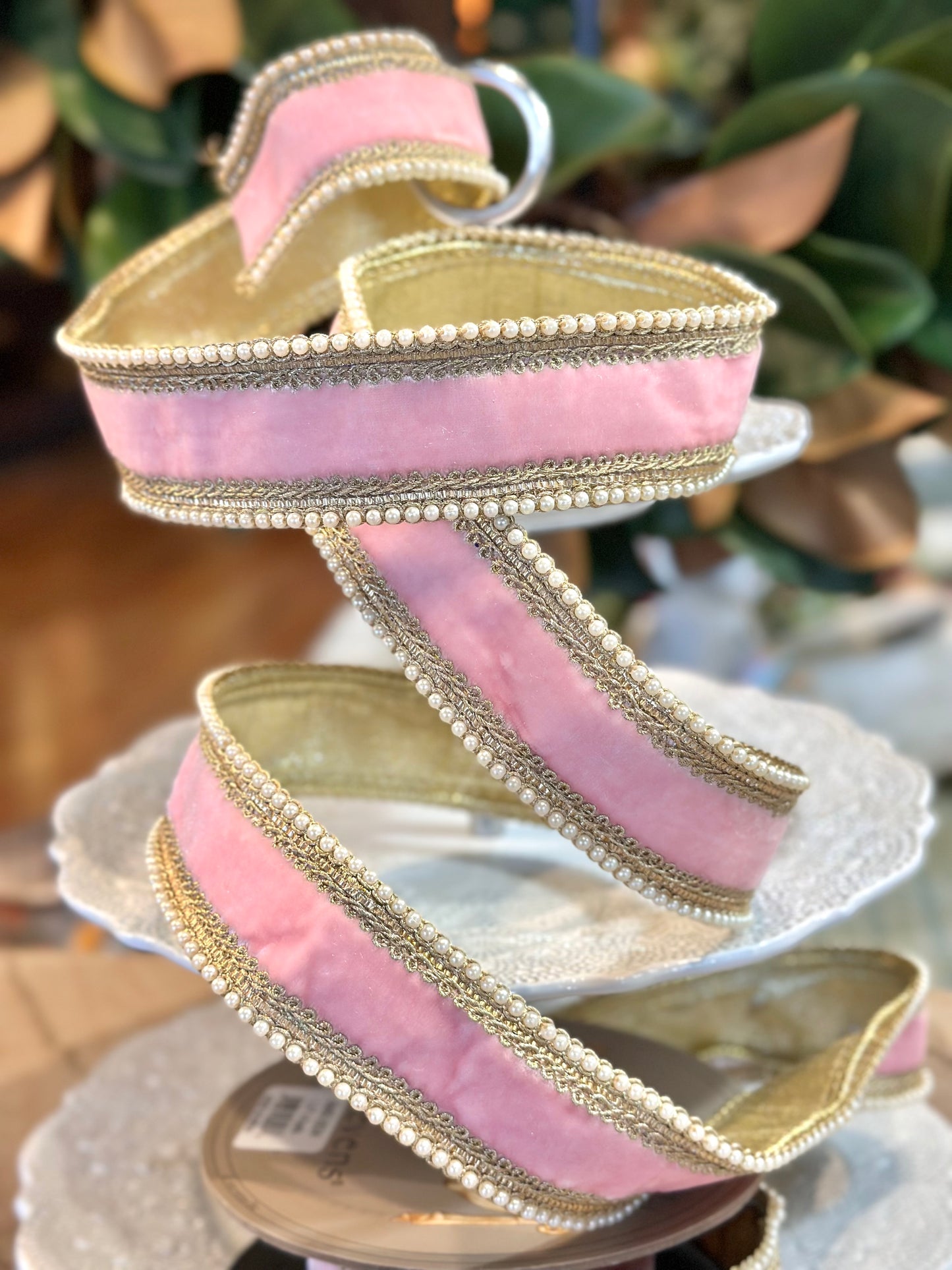 1.5" Wide, velvet white pearl trim, strawberry pink. 5 yard roll