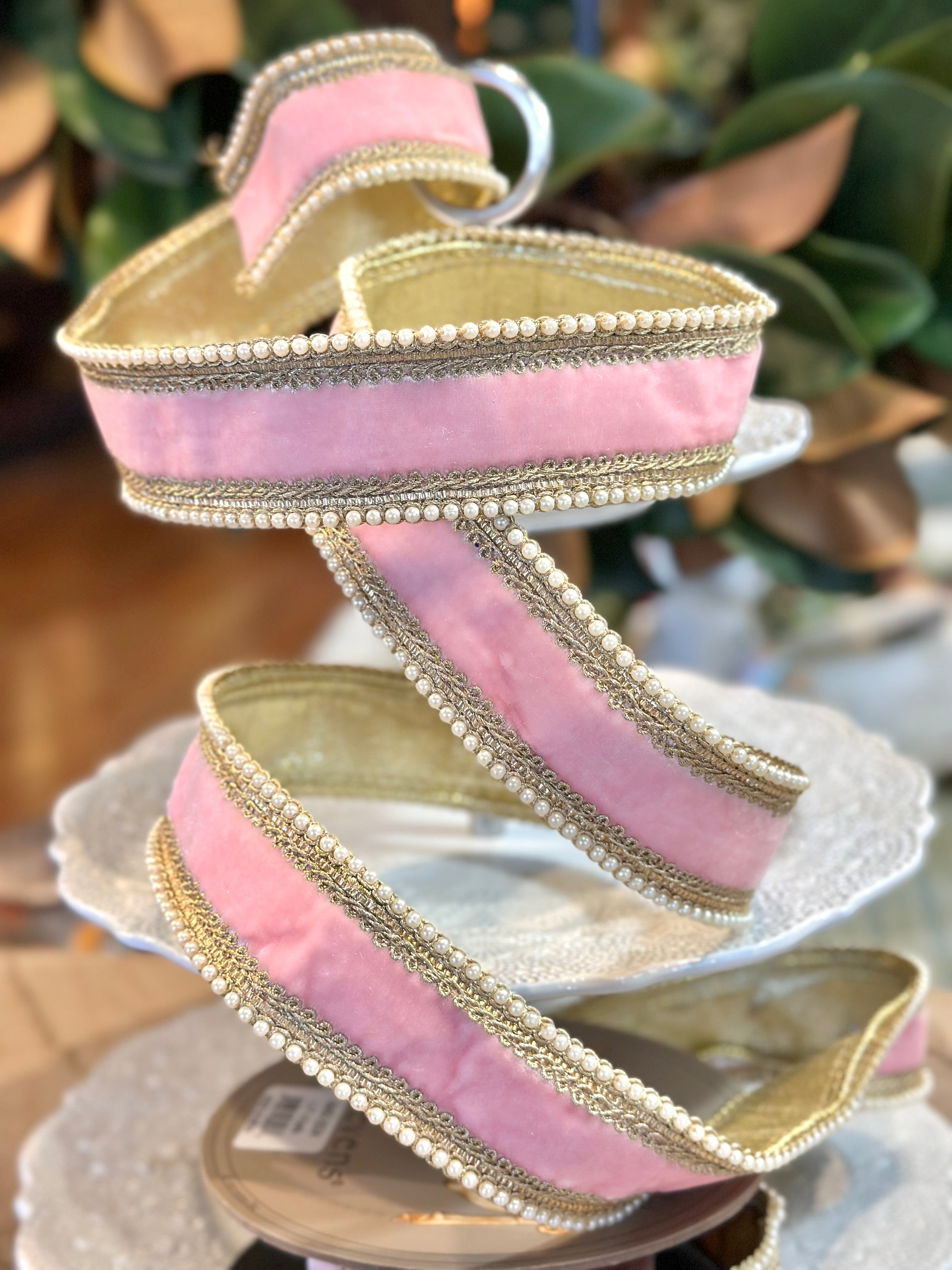 1.5" Wide, velvet white pearl trim, strawberry pink