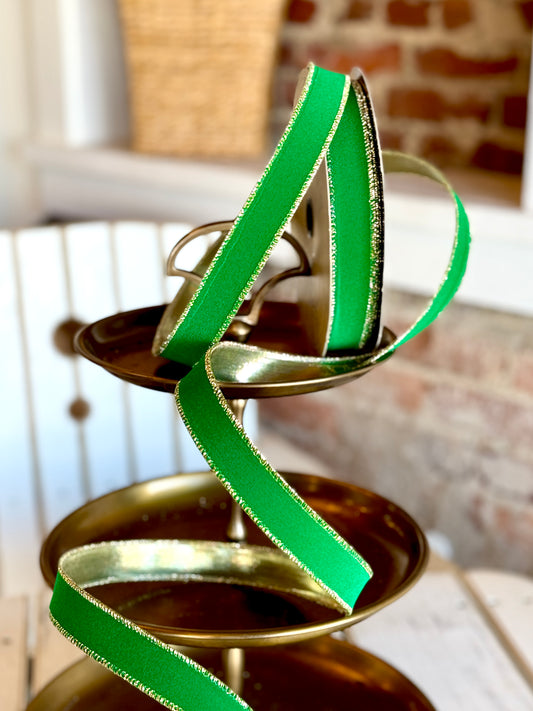 1" wide, flocked velvet metallic gold back, forest green - SOLD BY THE YARD