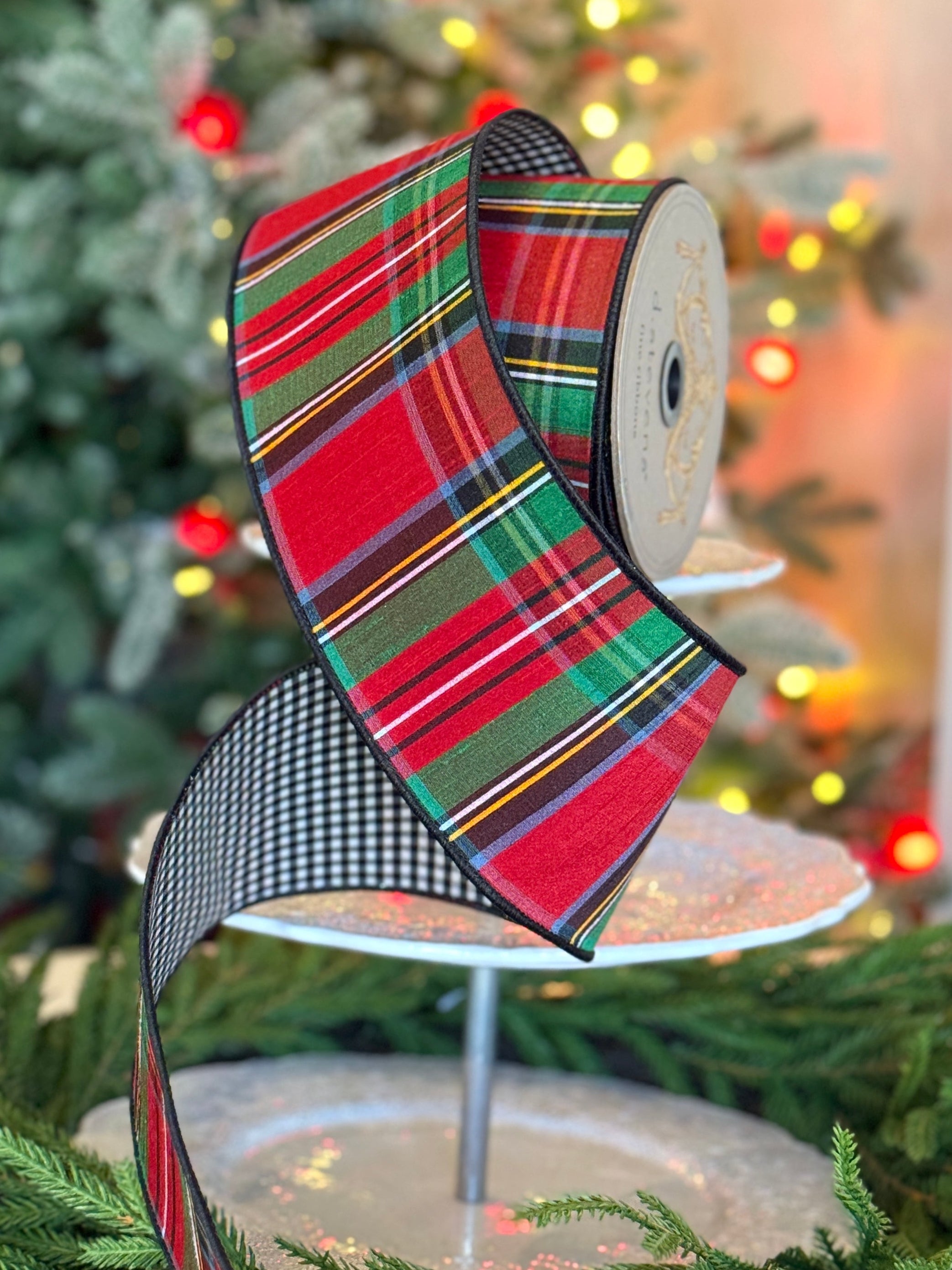 4" Faux Dupion Traditional Plaid, Black-White Small Check Back, Red-Green