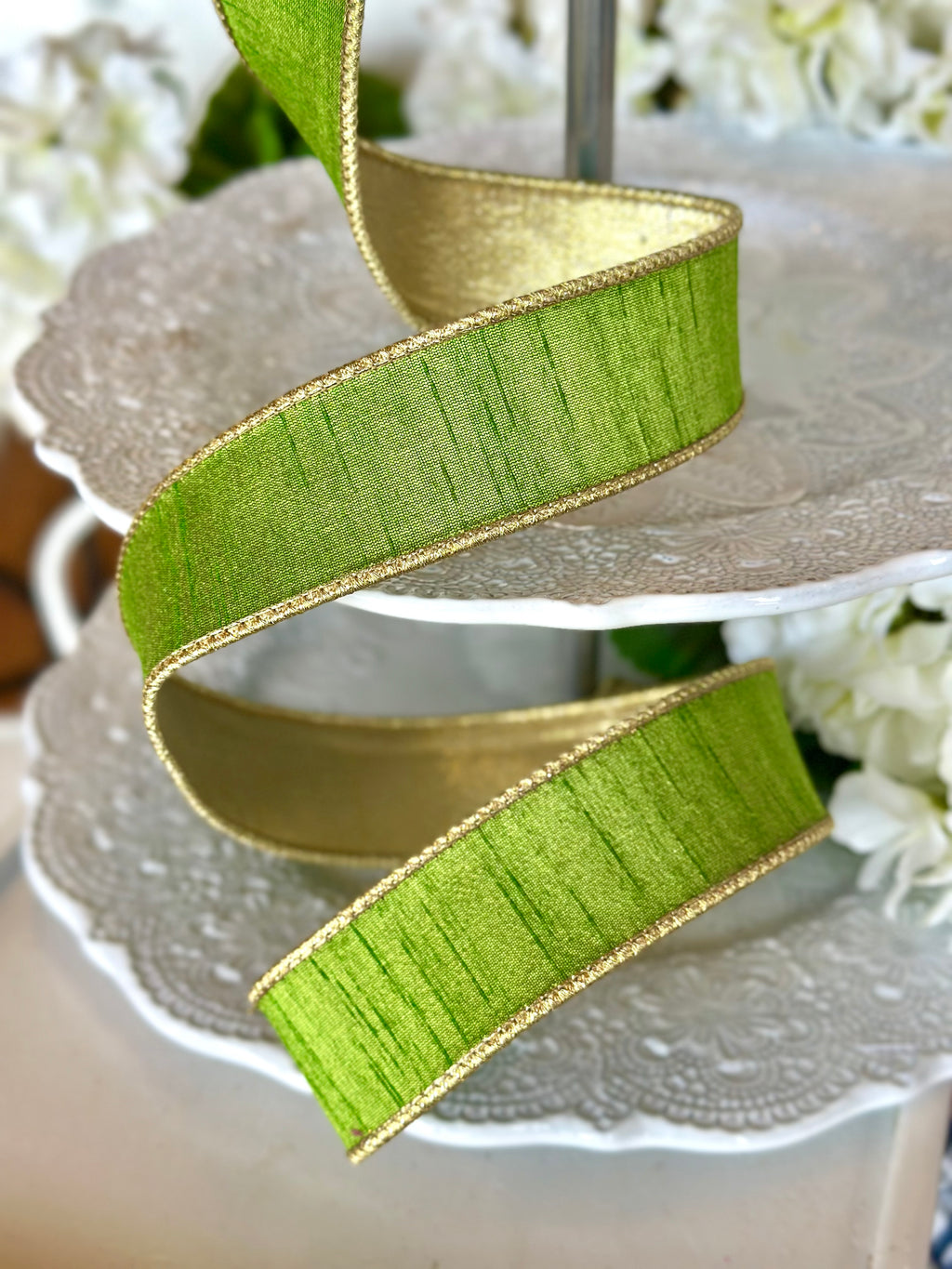 1.5" wide, slub dupion metallic gold back, grass green