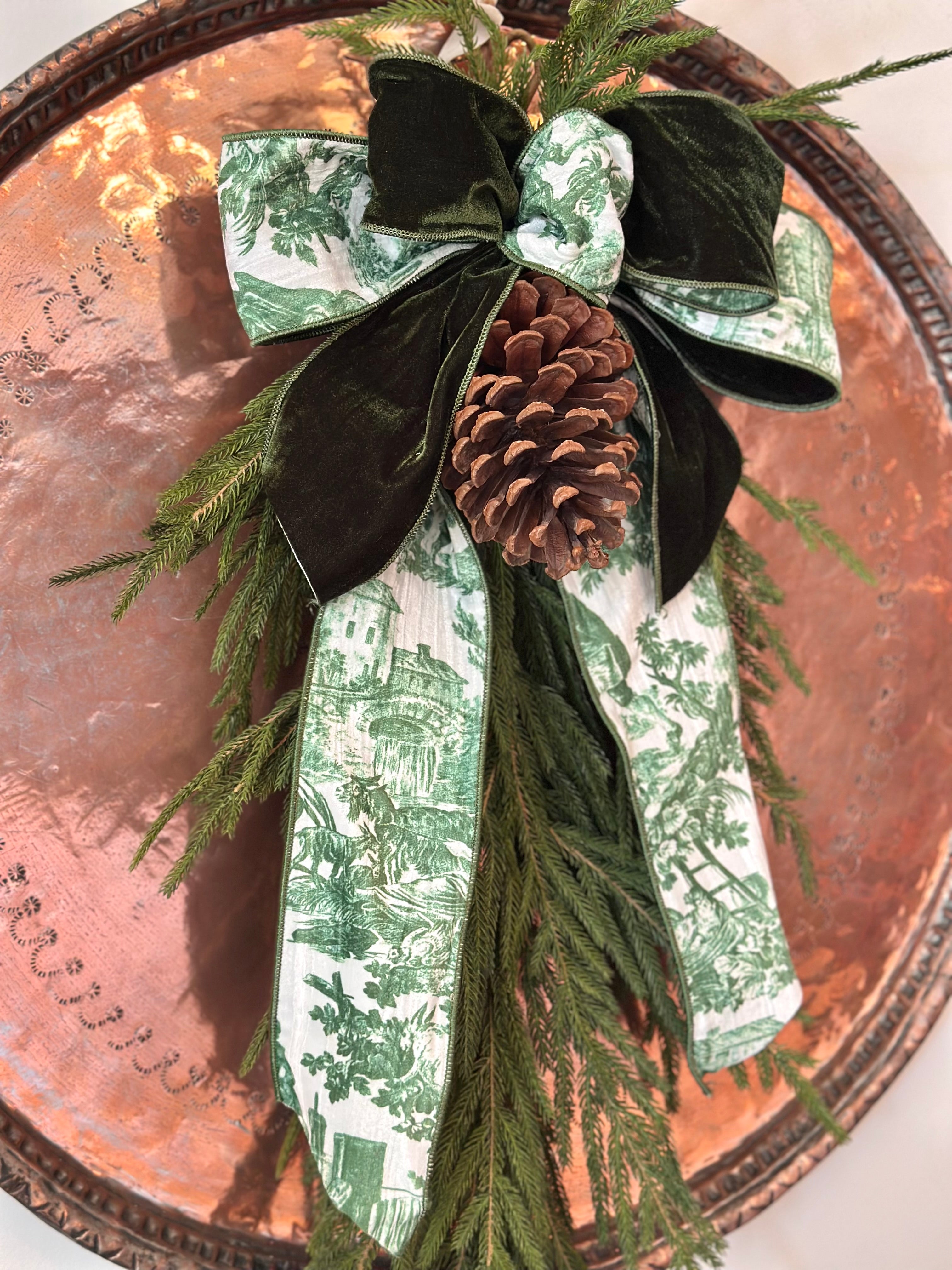 Green & White Velvet Toile Swag