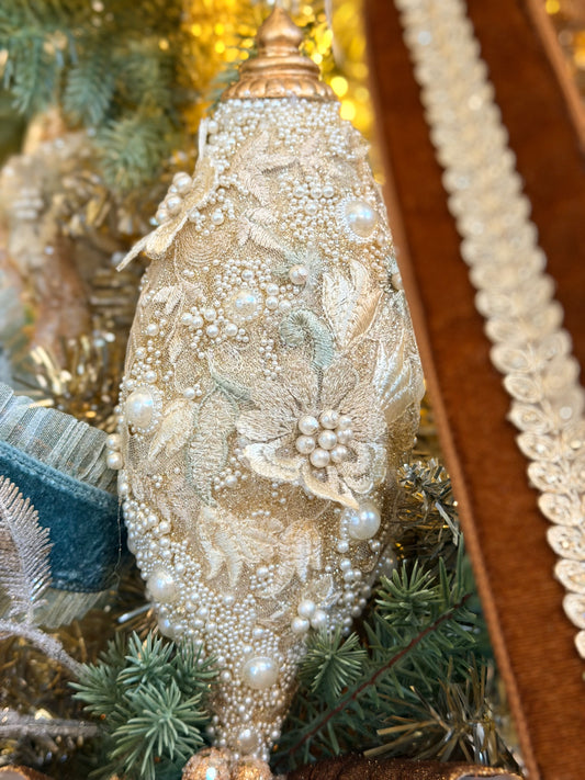 10" EMBELLISHED PEARL GLITTER FINIAL ORNAMENT