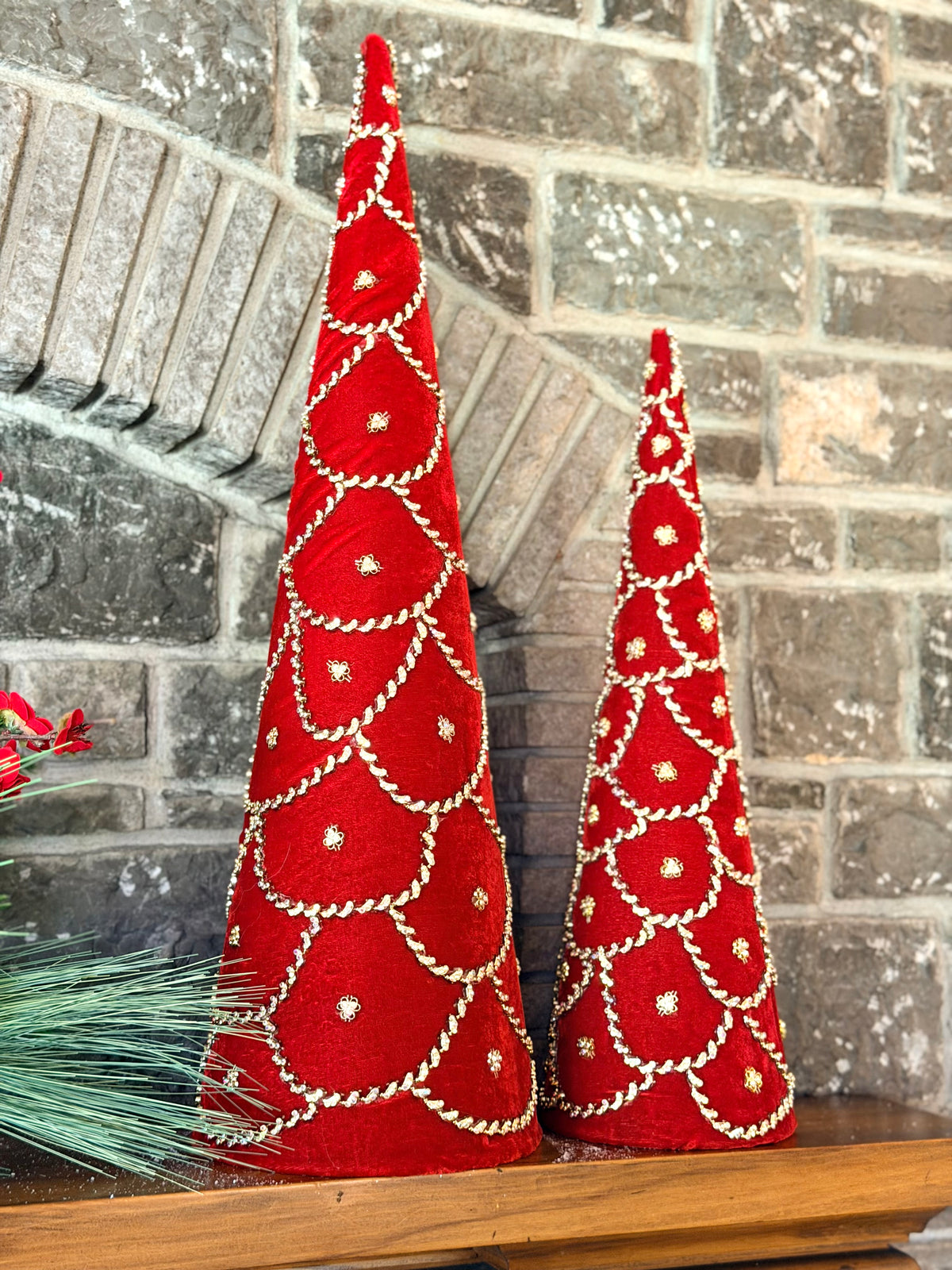 RED JEWELED SCALLOPED VELVET CONE TREE- RED