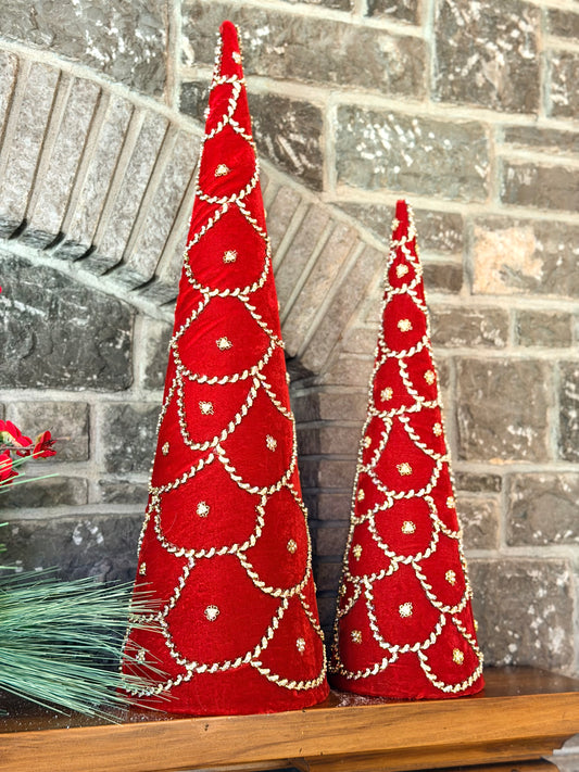 RED JEWELED SCALLOPED VELVET CONE TREE- RED
