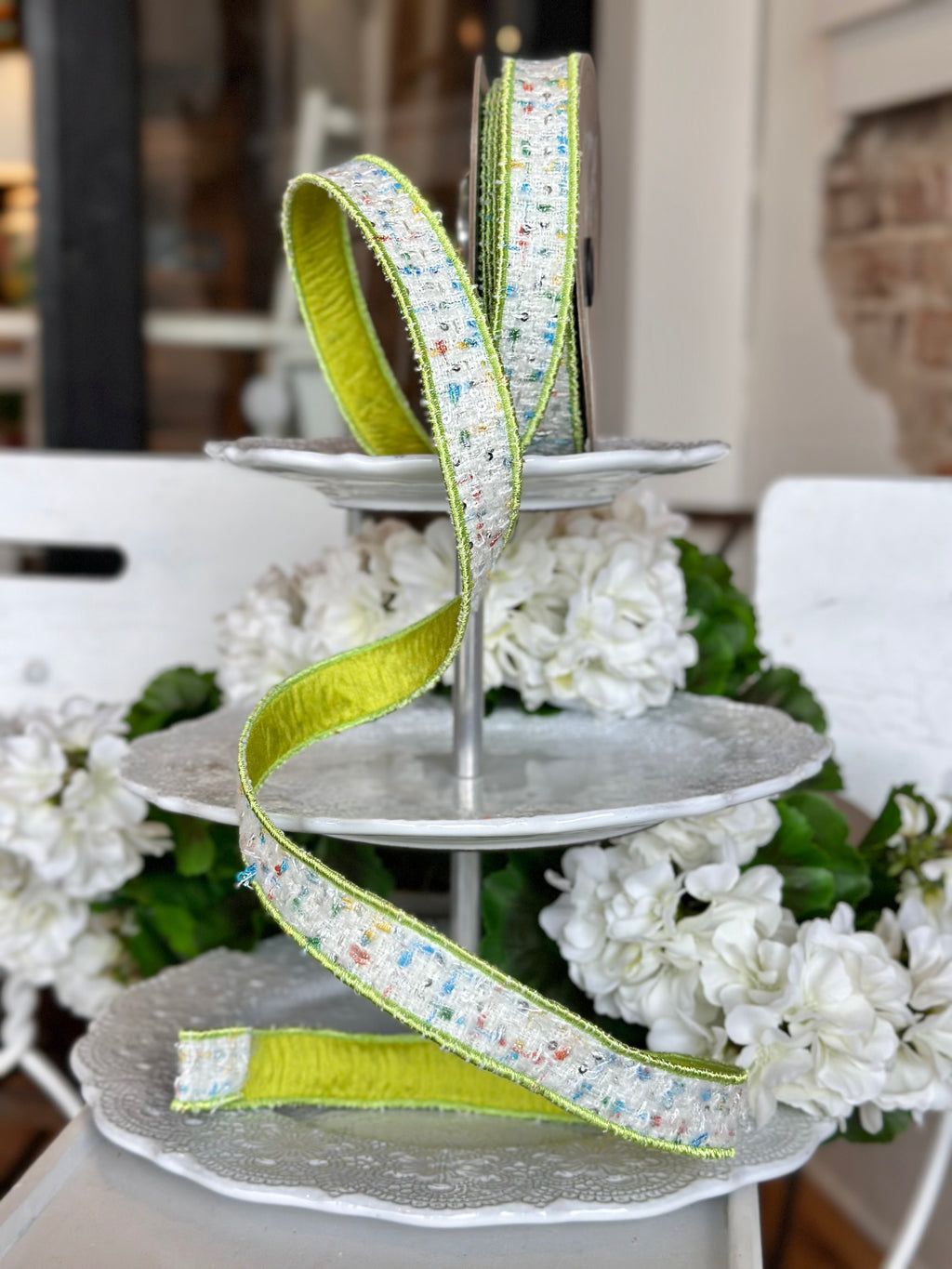 1" wide, boucle color splash lime back, red blue green yellow