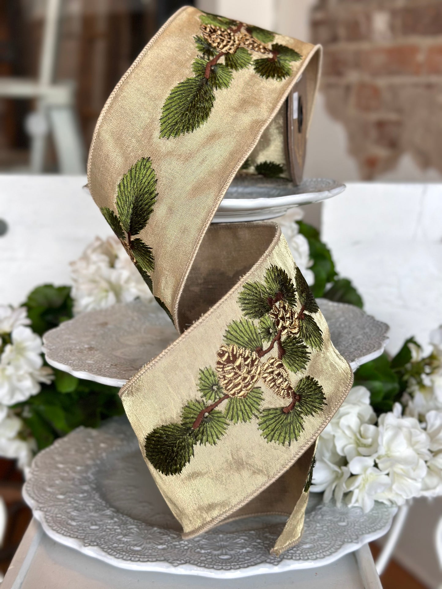4" wide, metallic sheer embroidery pine branch and cones, gold
