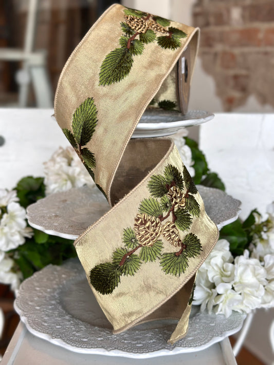 4" wide, metallic sheer embroidery pine branch and cones, gold