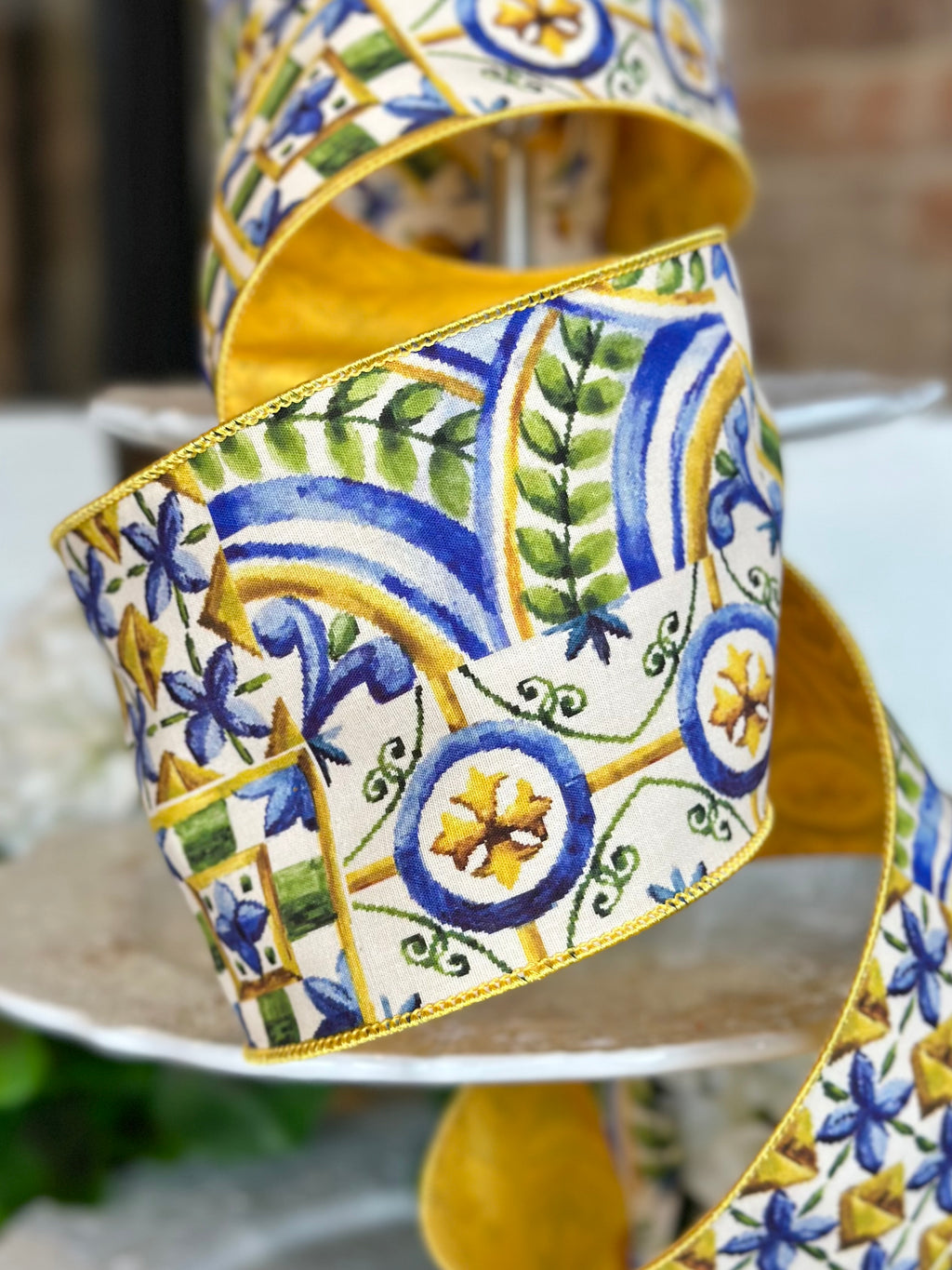 4" wide, poplin deco pattern tile, blue golden yellow green