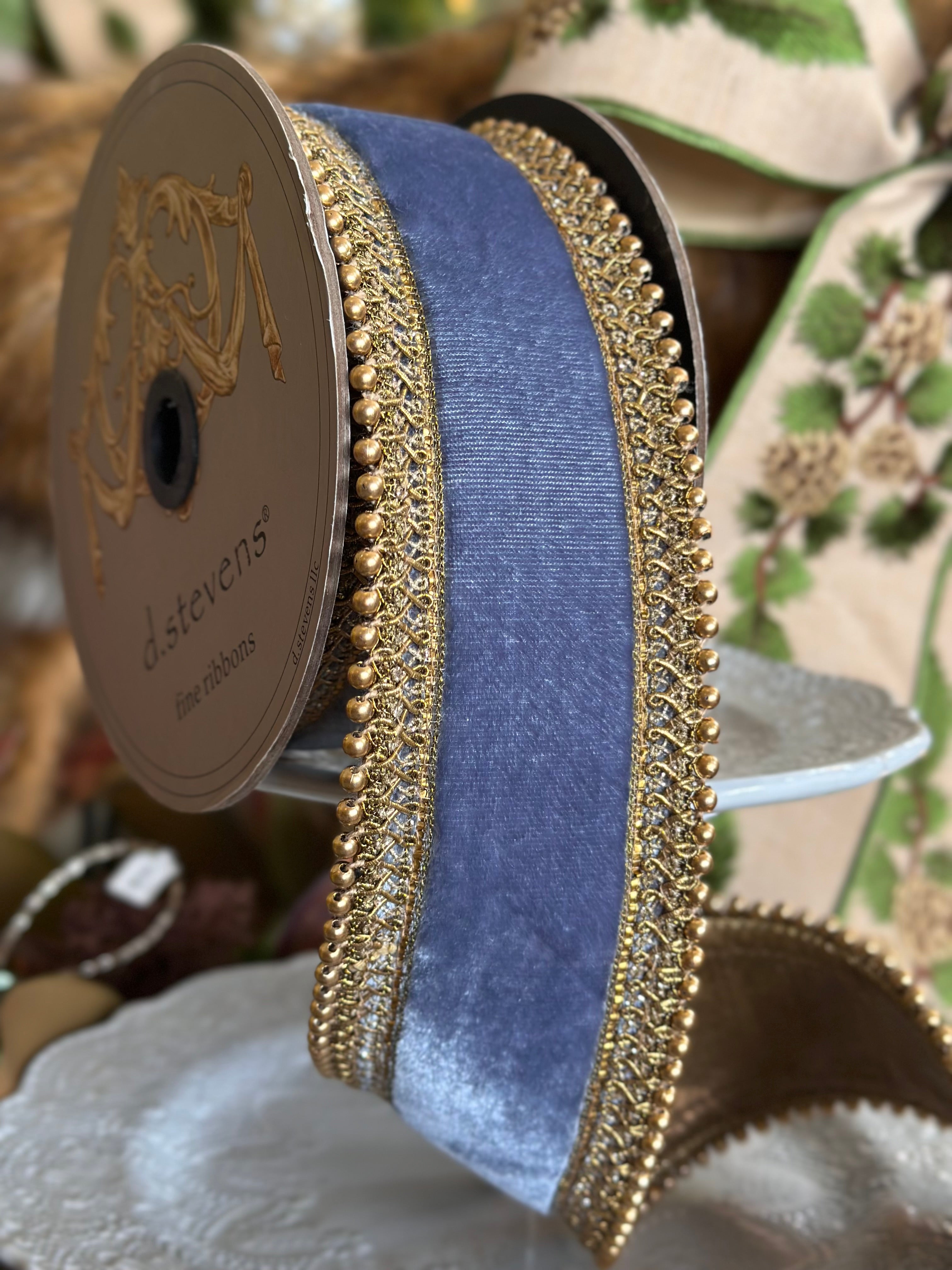 2.5” x 5Yards Dusty Blue Velvet with Gold Bead Details