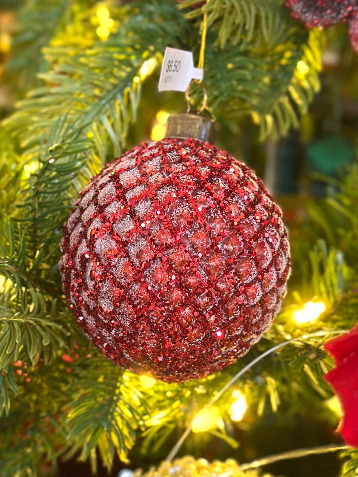 3" Antique Red Sugared Ornament w/ Red Glitter - Pinecone Pattern