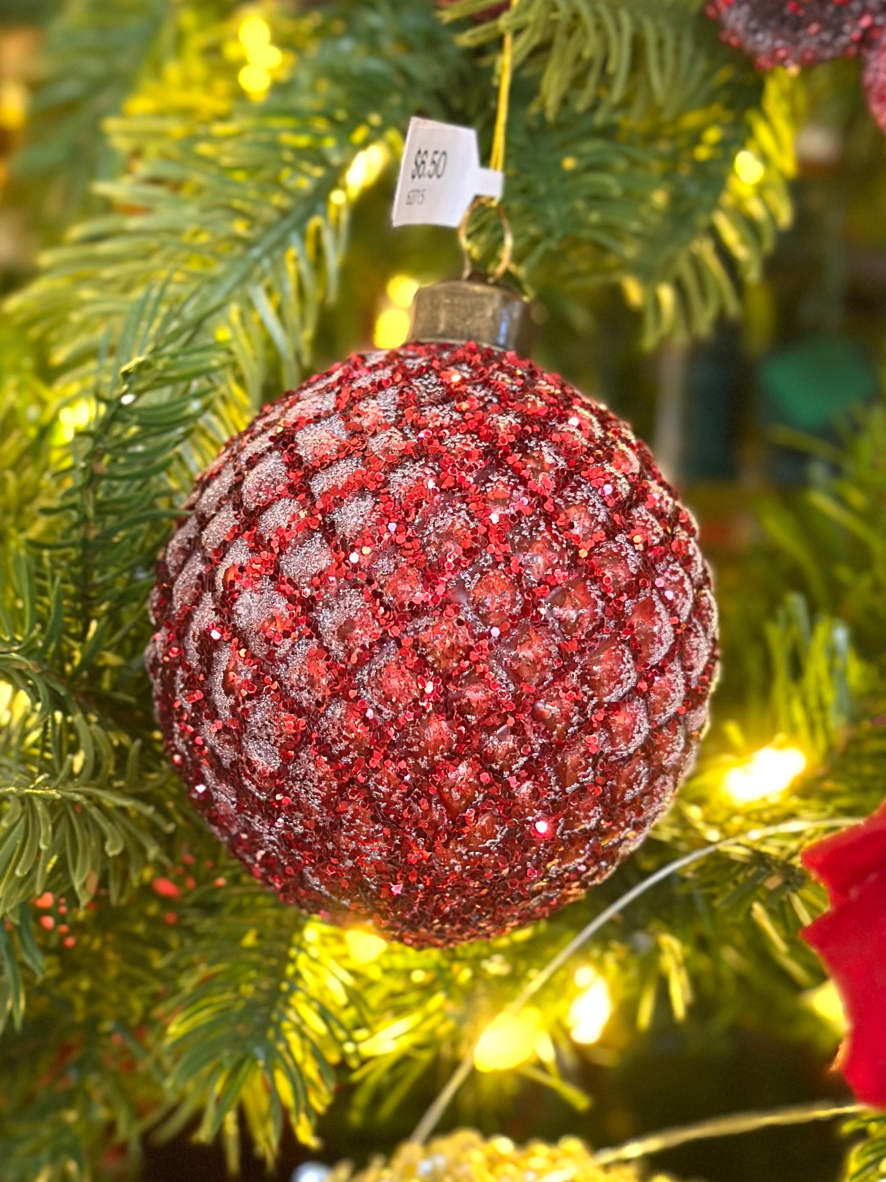 3" Antique Red Sugared Ornament w/ Red Glitter - Pinecone Pattern