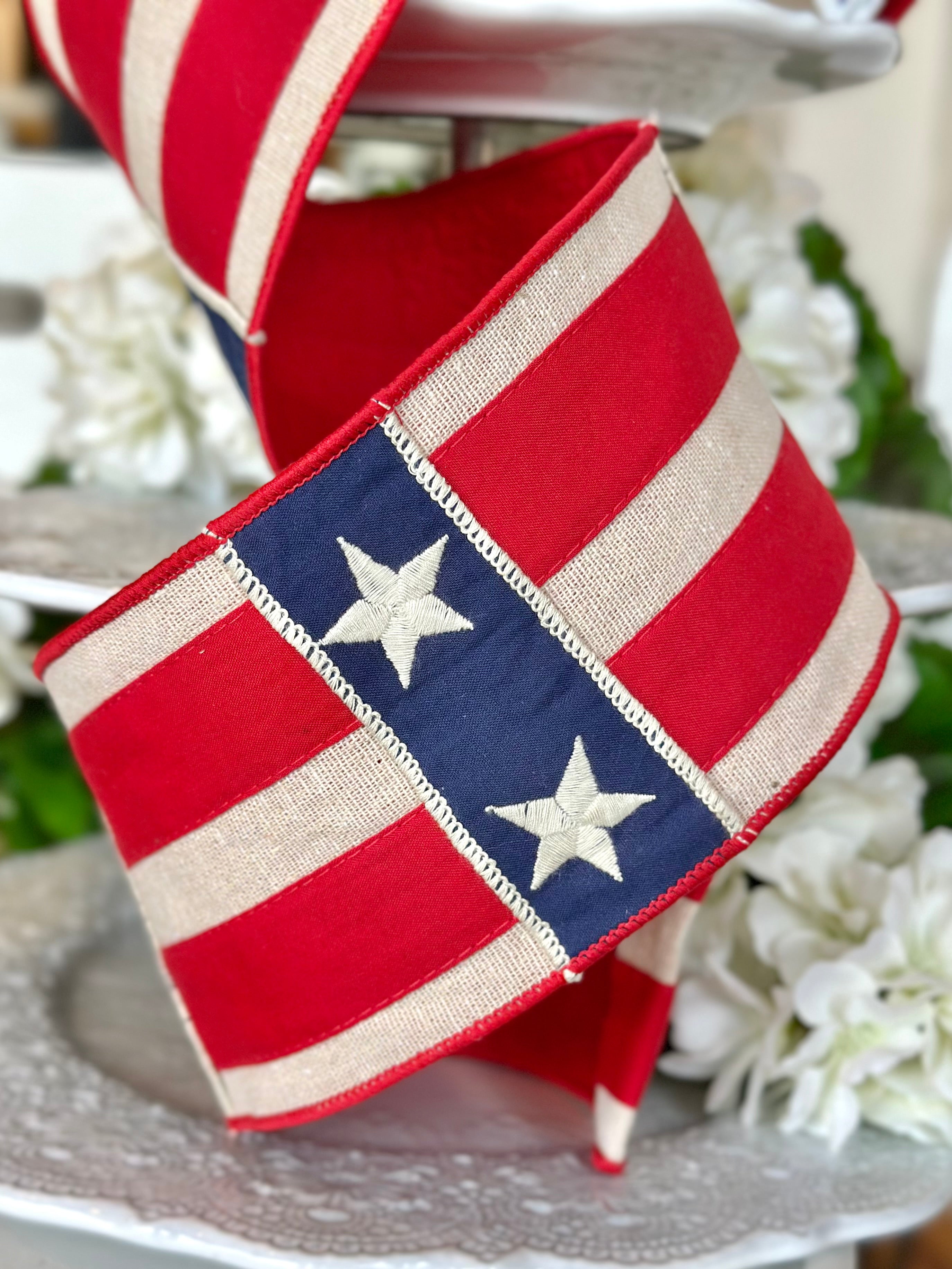 4” wide, Canvas Embroidery Patchwork Stars Red Natural Stripe, Red Navy Blue