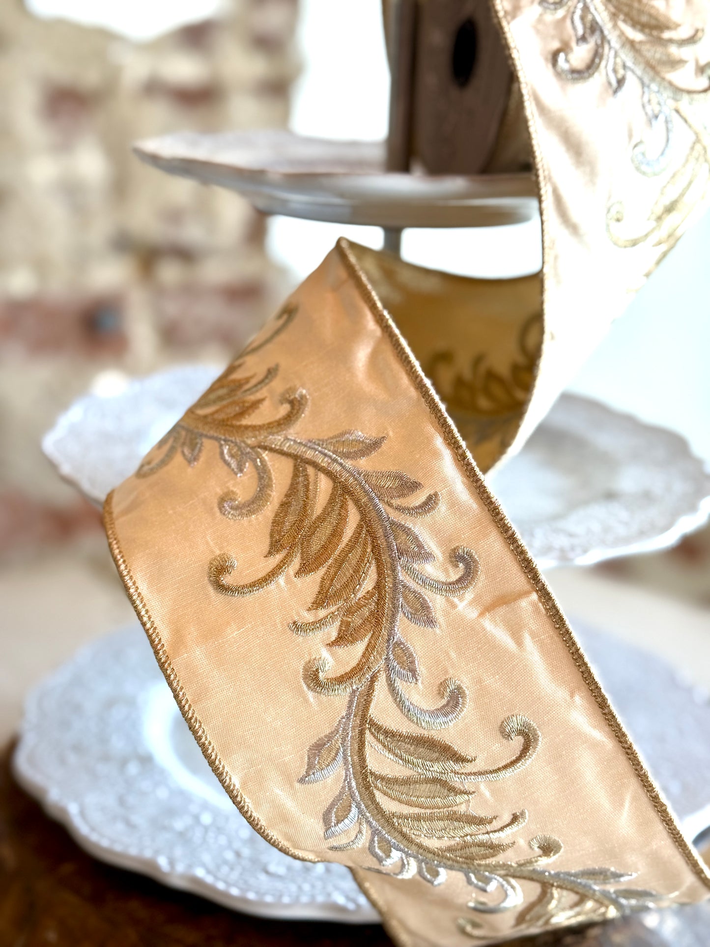 4" x 5yds dupion gold silver fern fronds, ivory