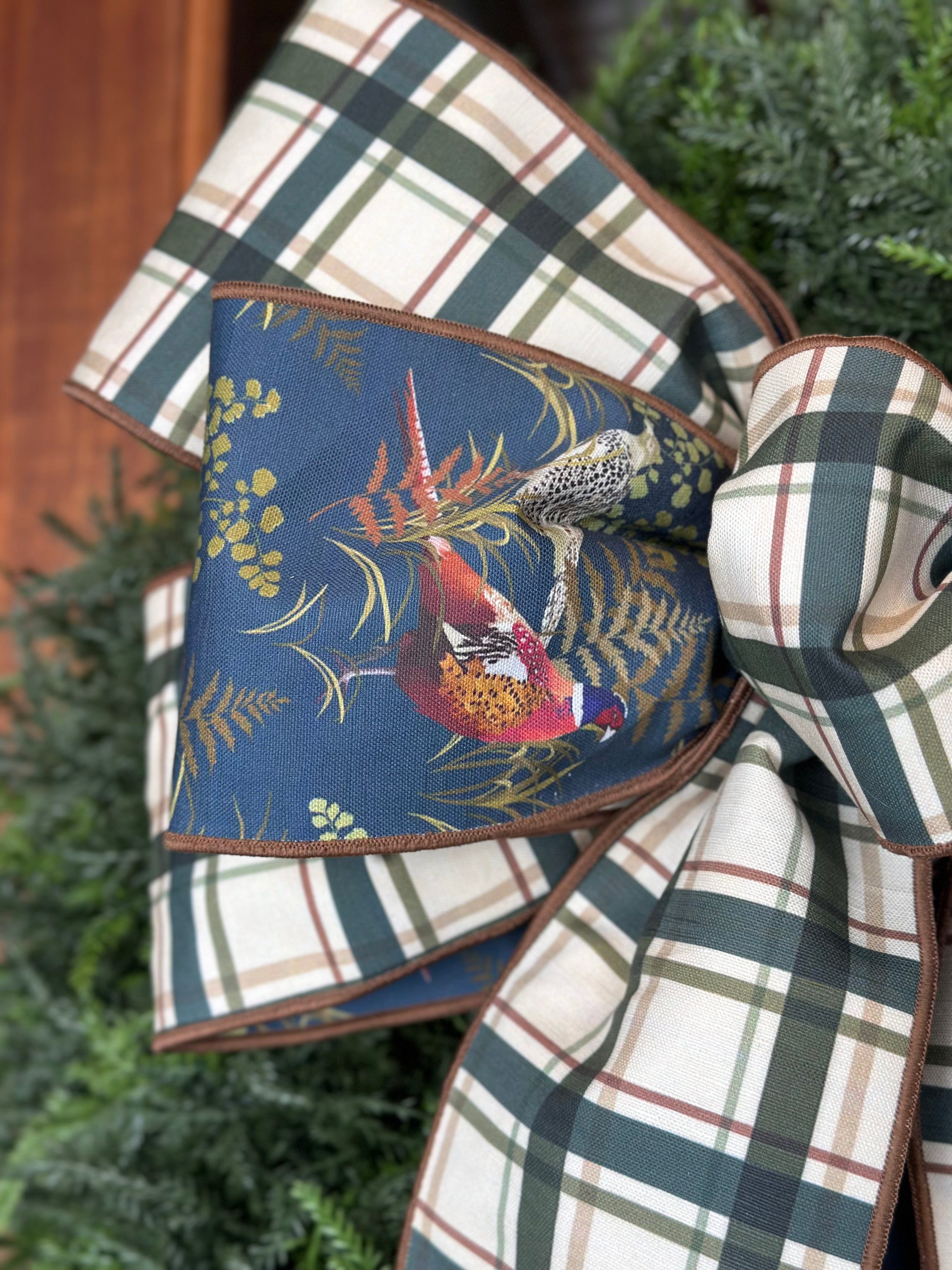 Pheasants and Plaid Bow with Cedar Wreath