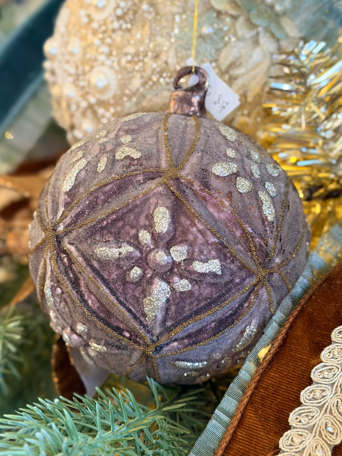 4” Glass Purple Silver and Gold Detailed Ornament