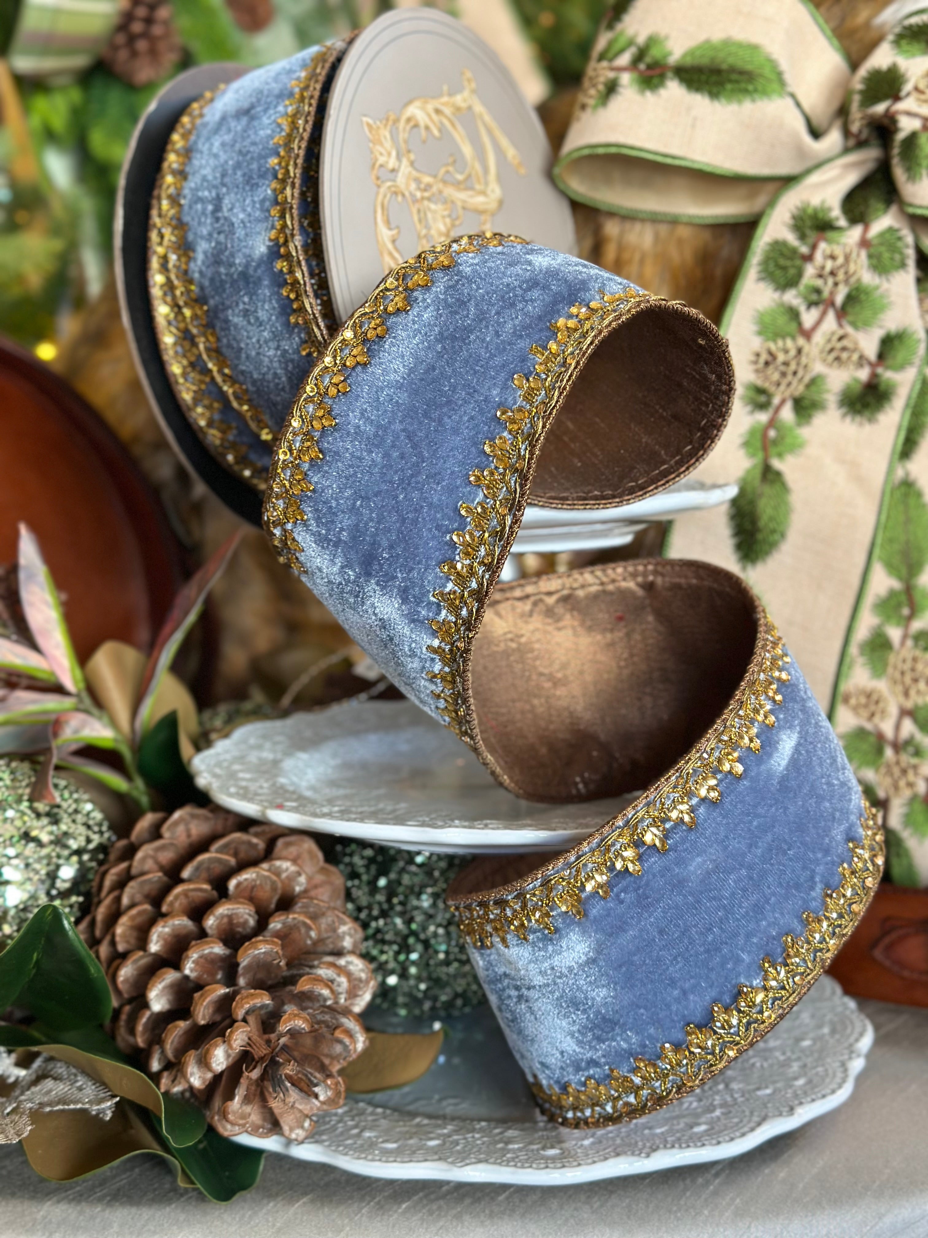 4" Lush Velvet Countessa Scallop Jewel Trim, Dusty Blue