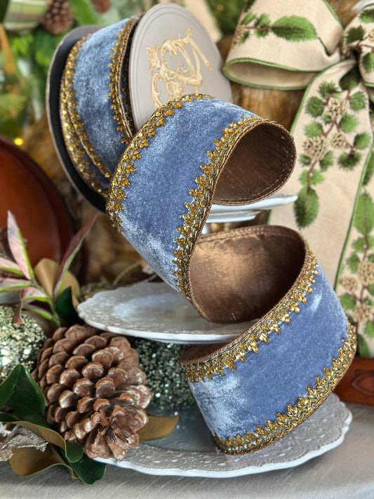 4" Lush Velvet Countessa Scallop Jewel Trim, Dusty Blue