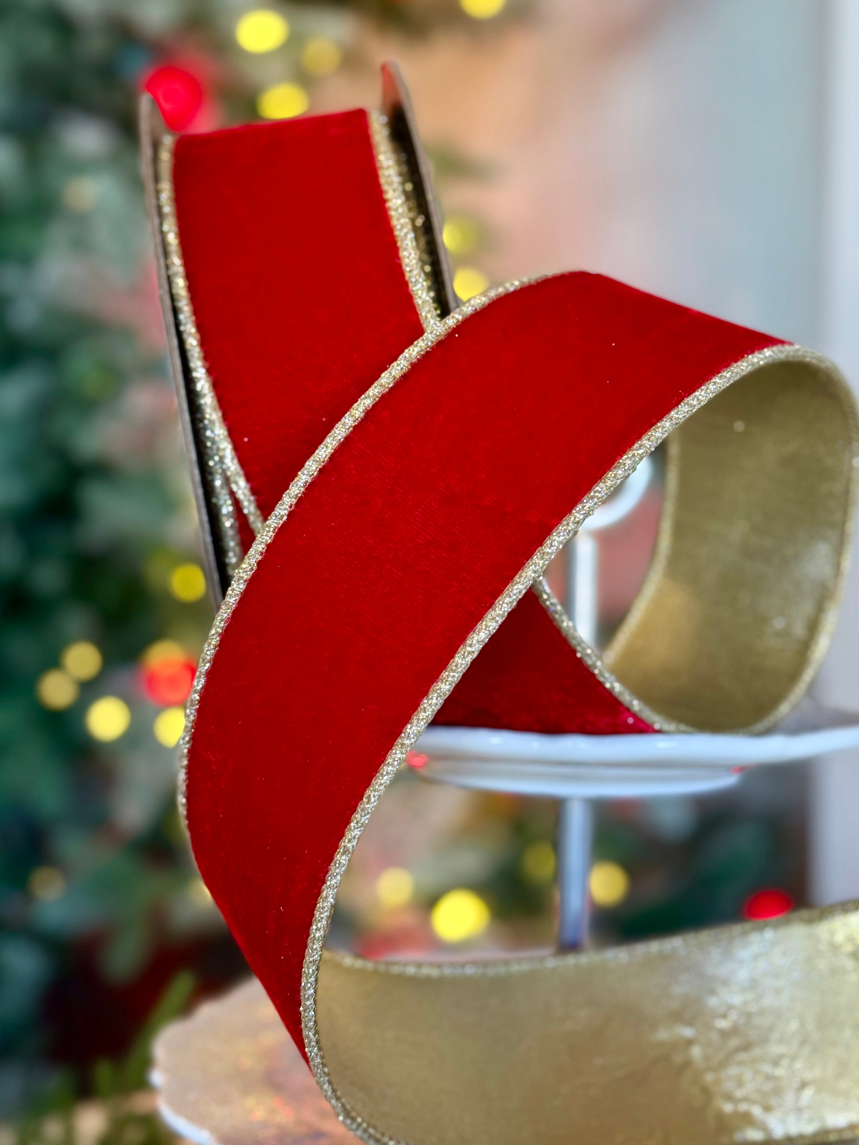 2.5" Velvet Glitter Gold Trim, Red
