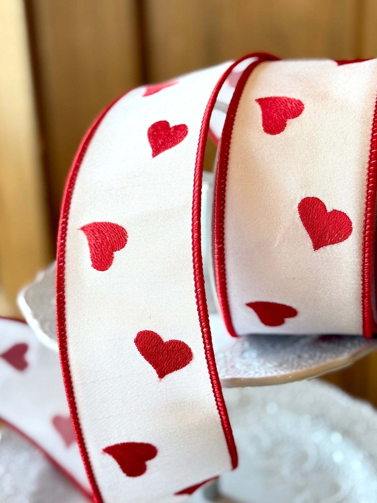 2.5" Wide Red Heart Embroidery Ribbon