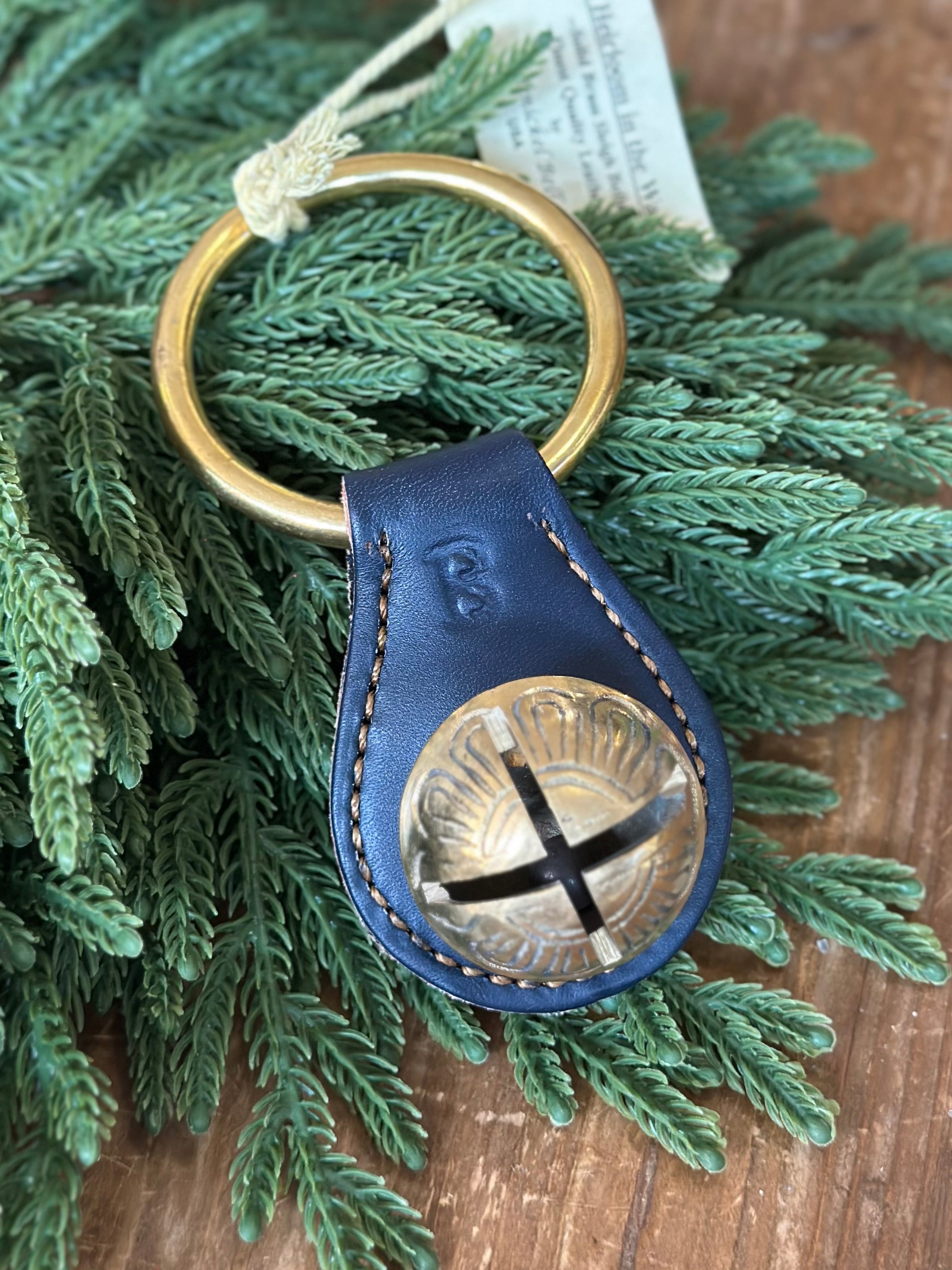 Medium Brass Bell on Navy Leather Plate with Ring