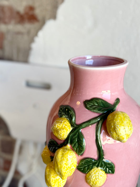 13" Pink Tall Vase with Lemons