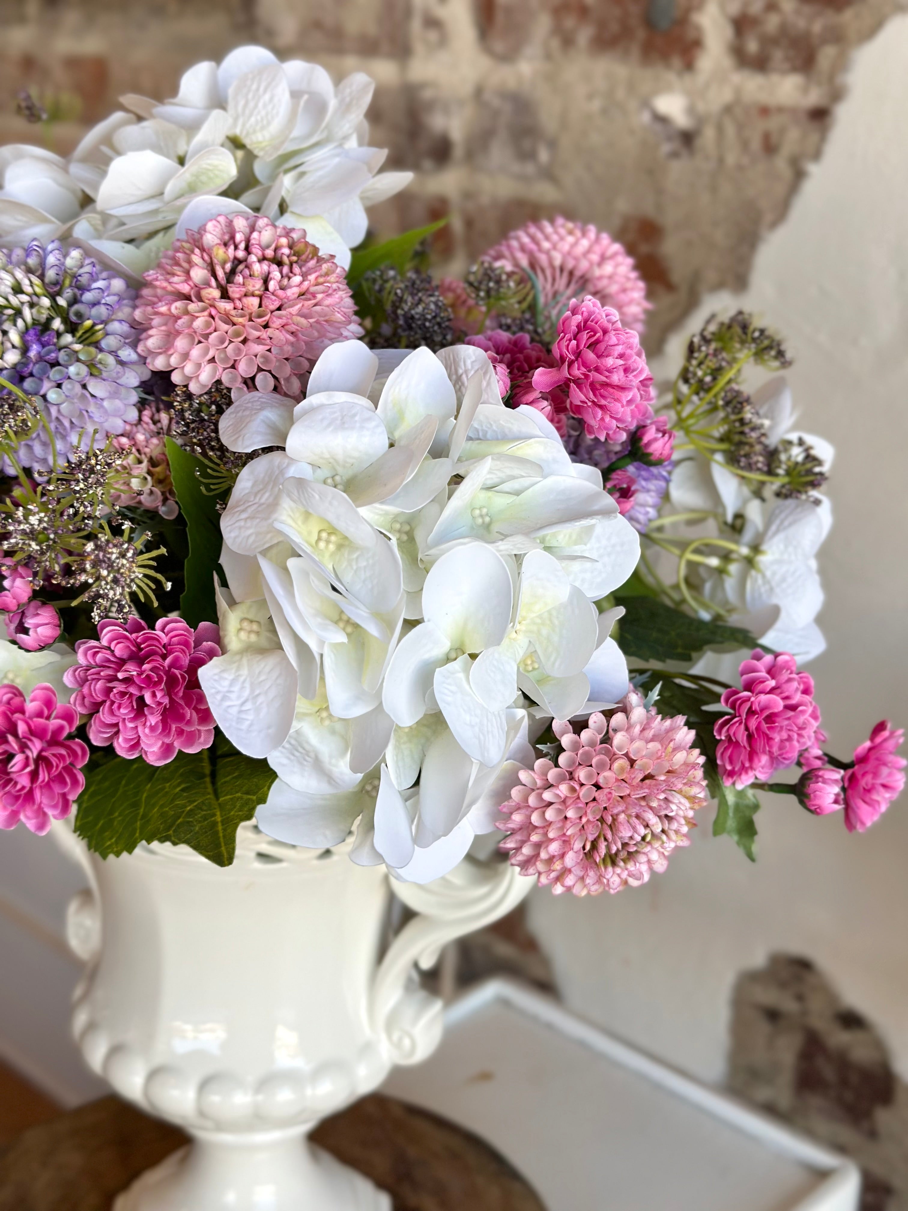 White Hydrangea & Pink/Purple Scabiosa in White Handle Vase