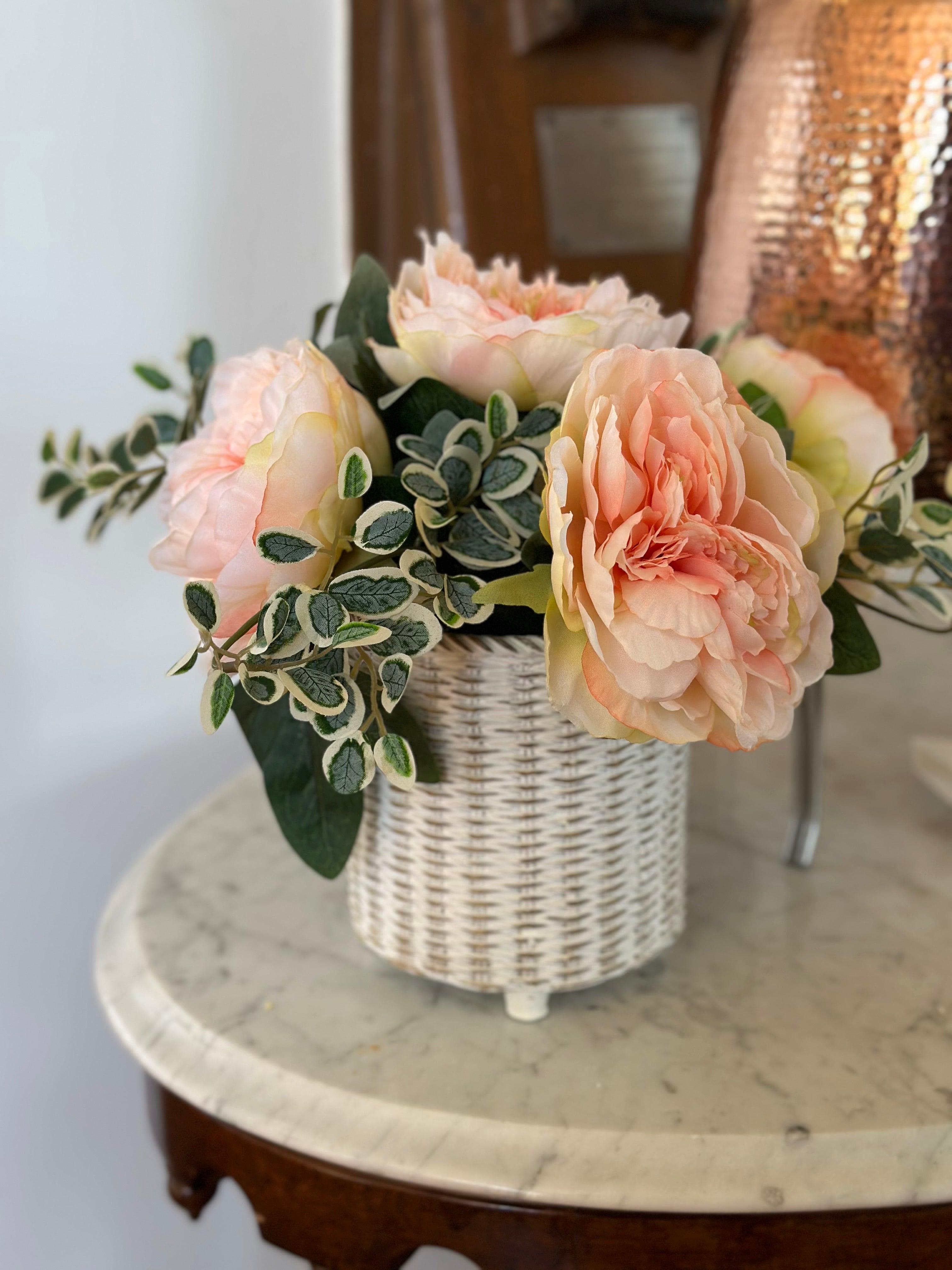 Potted Peonies in Resin Wicker Style Pot