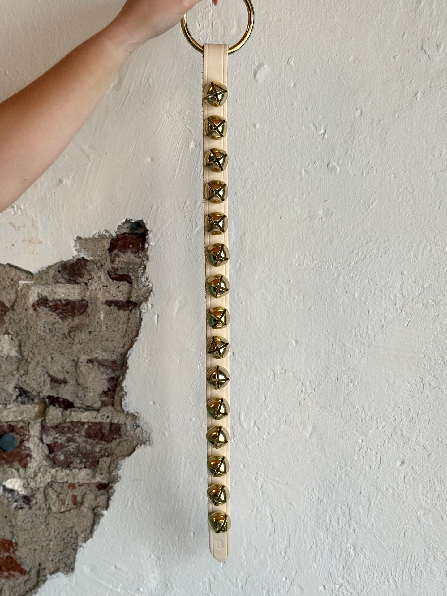 Belsnickel - 24” Narrow Brass-Plated Bells Strap, Ivory Leather