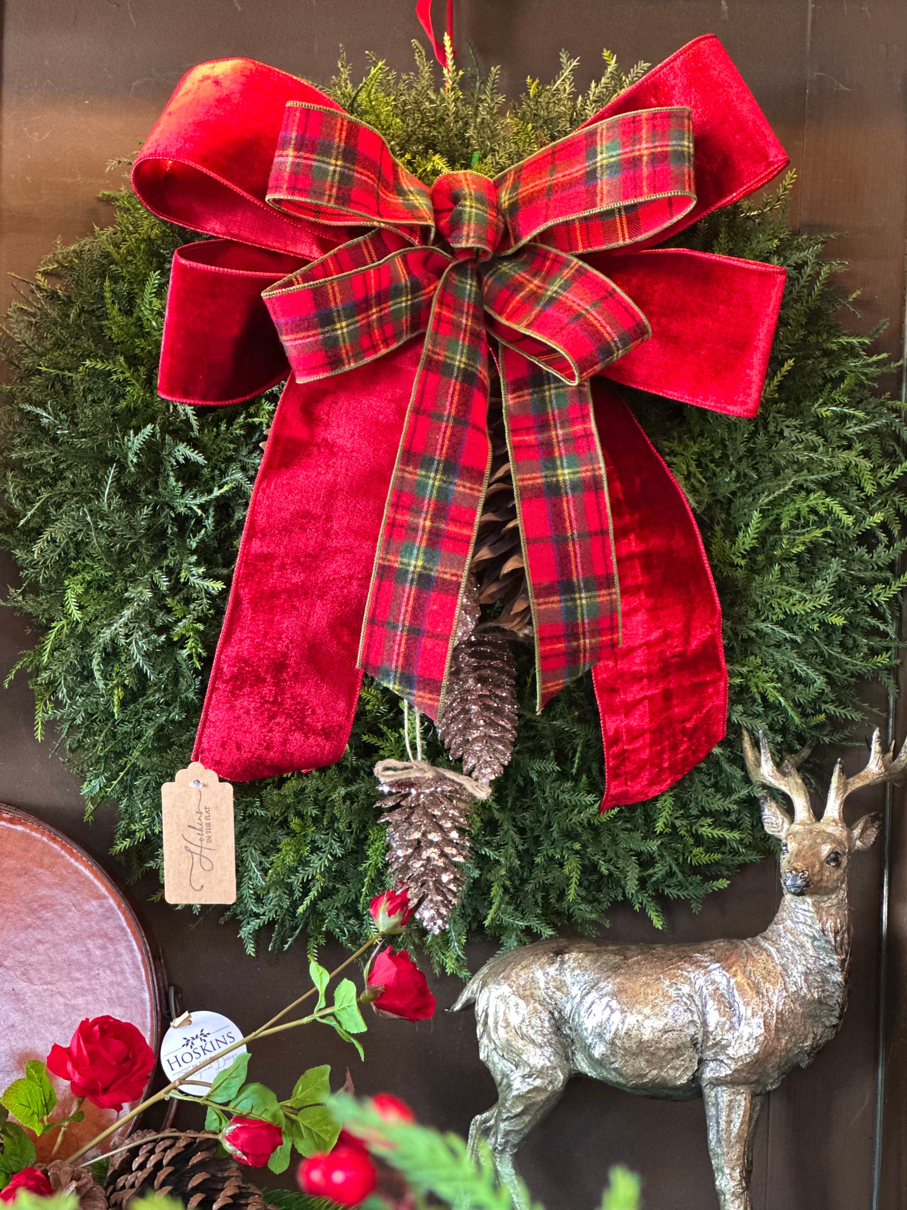 Cedar Wreath with Red Plaid Bow