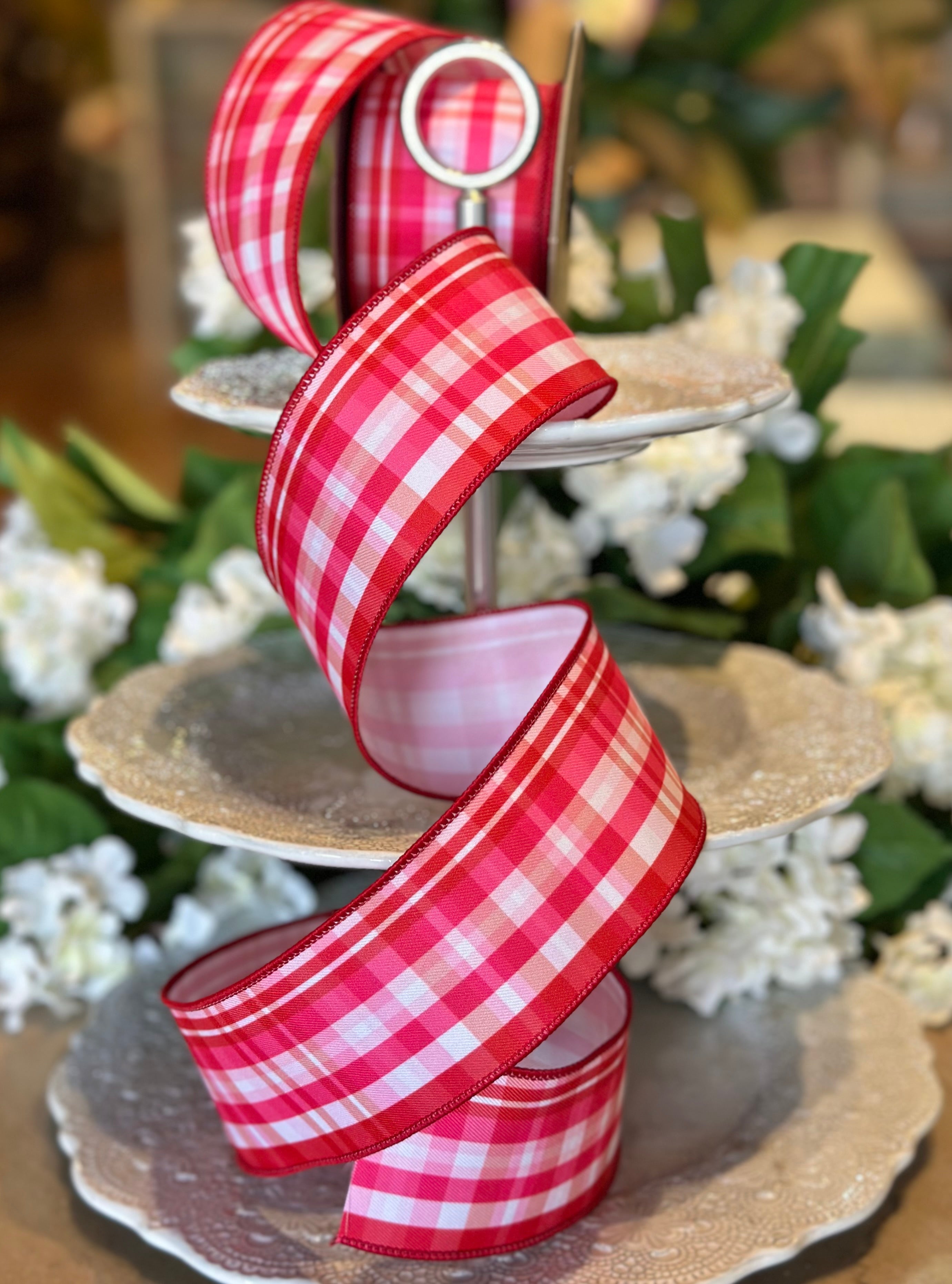 2.5" Wide, linen cupid plaid, red pink white