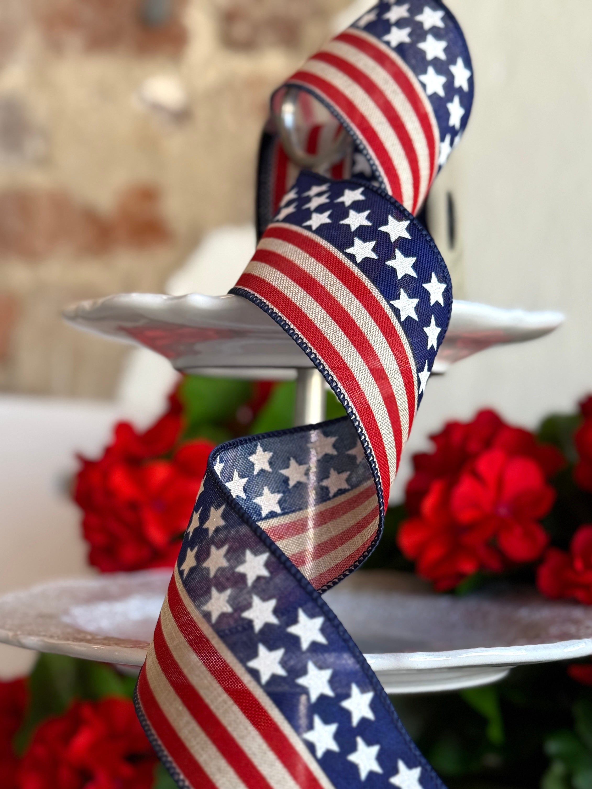 2.5" faux linen american flag, red natural blue