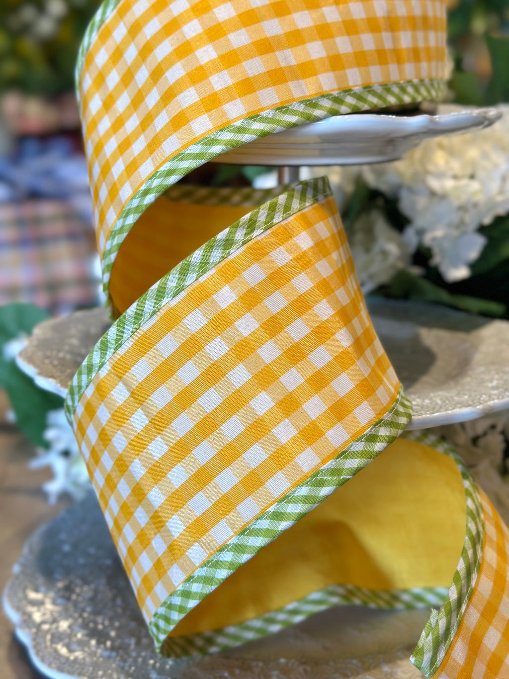 4" wide, Spring Gingham w/ Border Ribbon- Yellow Green