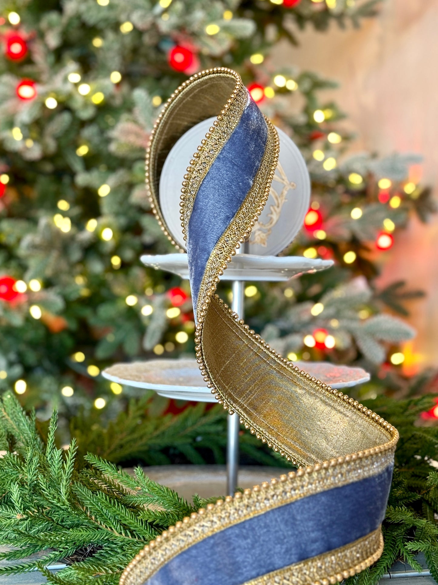 2.5” Dusty Blue Velvet with Gold Bead Details