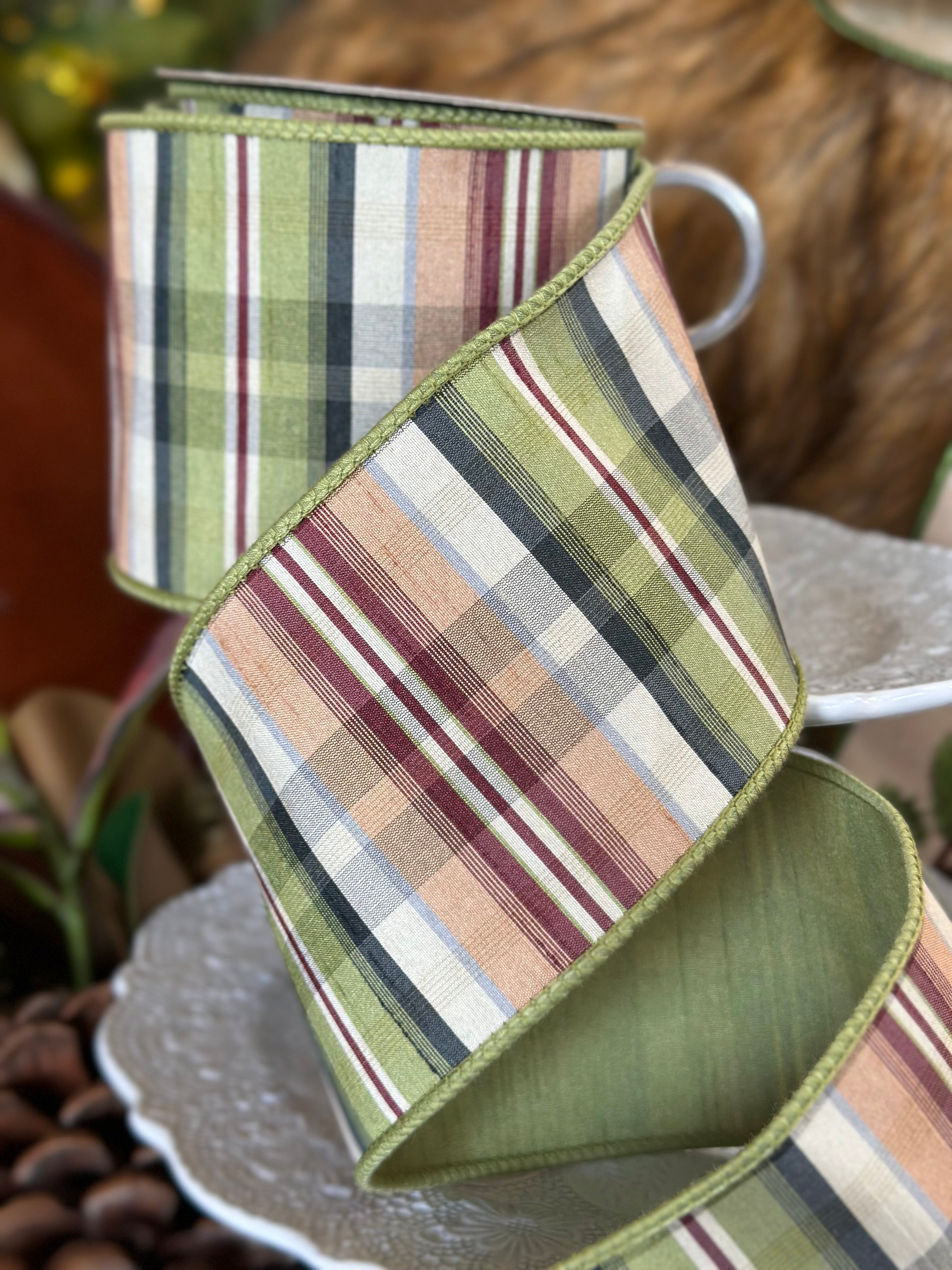 4" x 10yds dupion madras plaid, ivory green cranberry