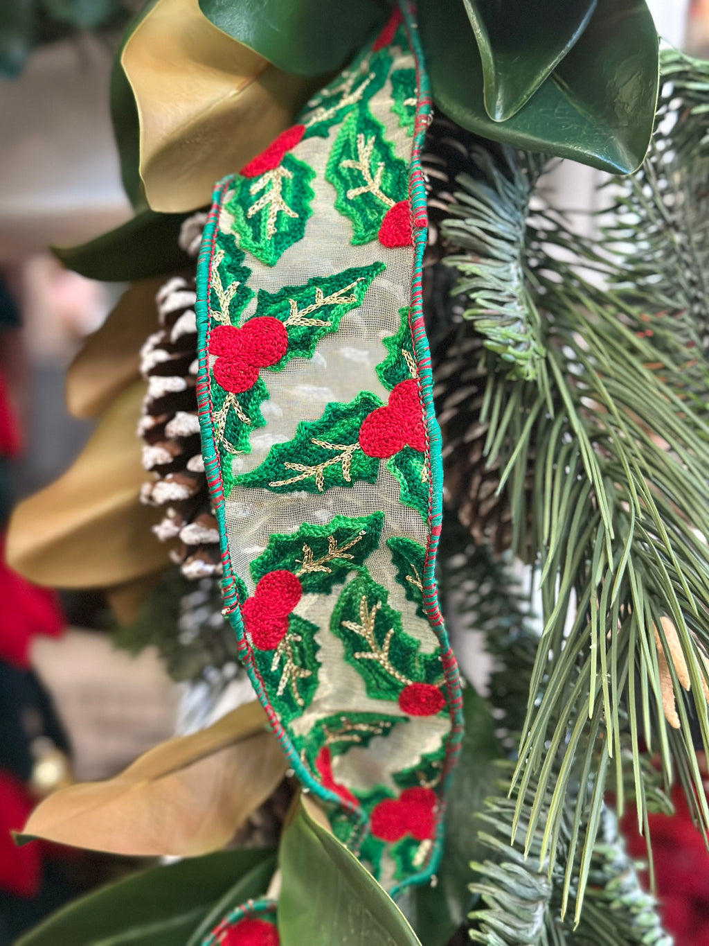 2.5” Wide, Embroidered Holly Leaves Ribbon