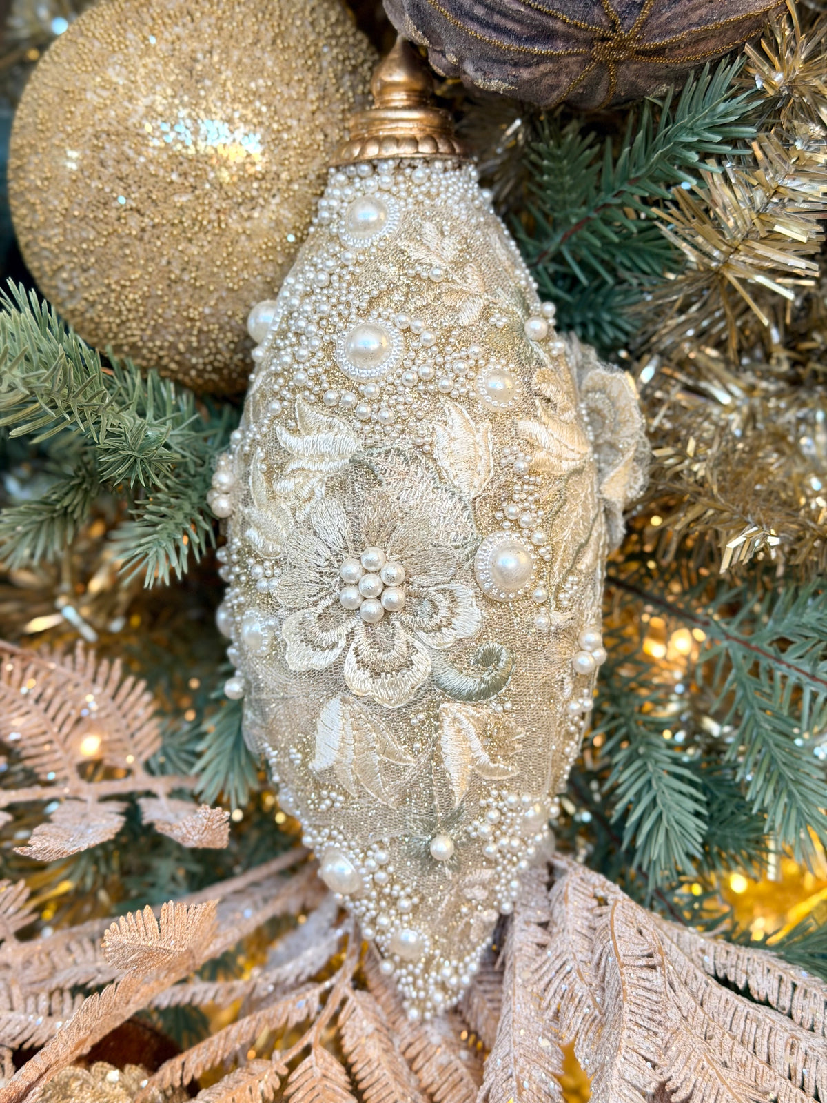 10" EMBELLISHED PEARL GLITTER FINIAL ORNAMENT