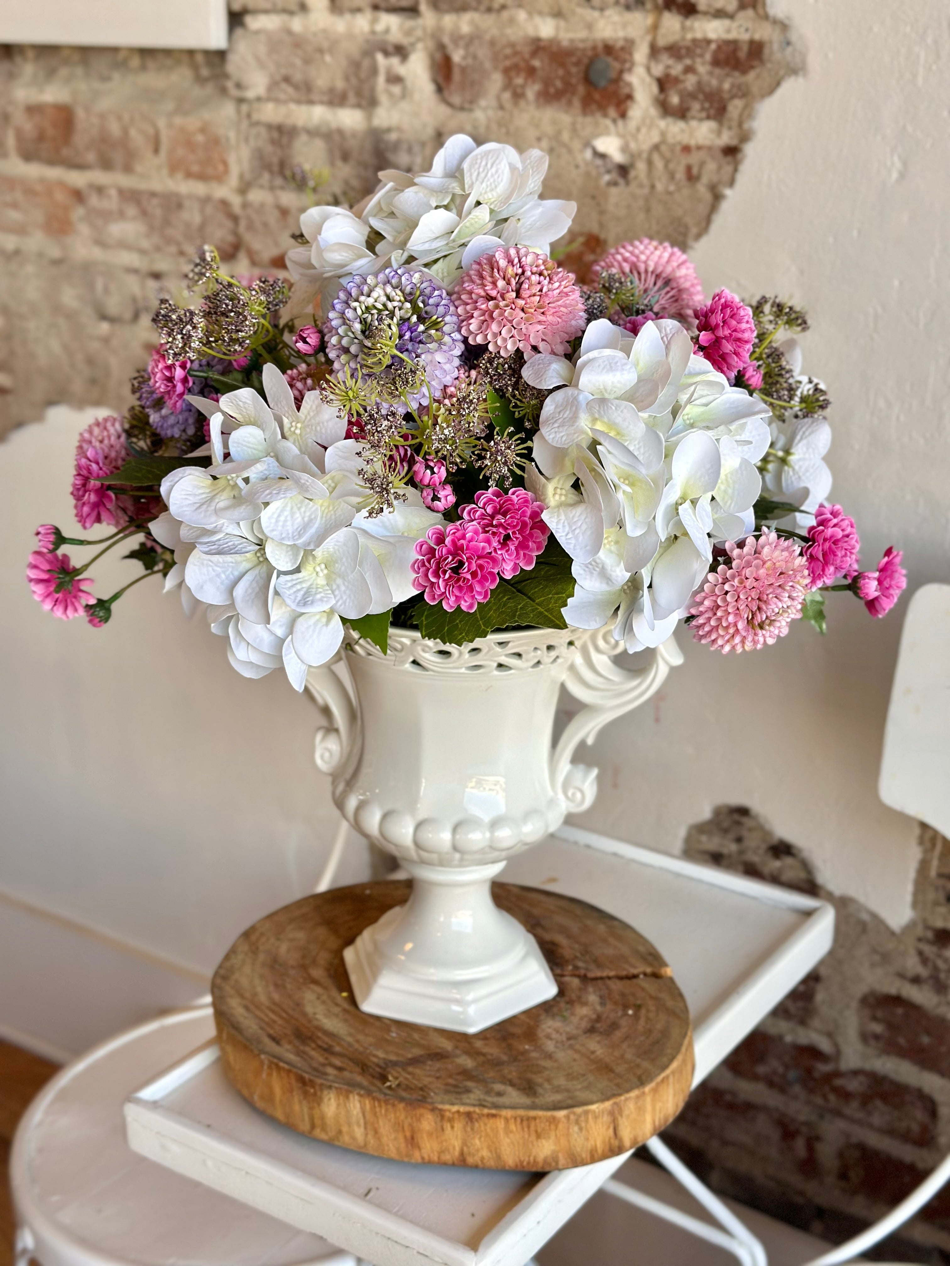 White Hydrangea & Pink/Purple Scabiosa in White Handle Vase
